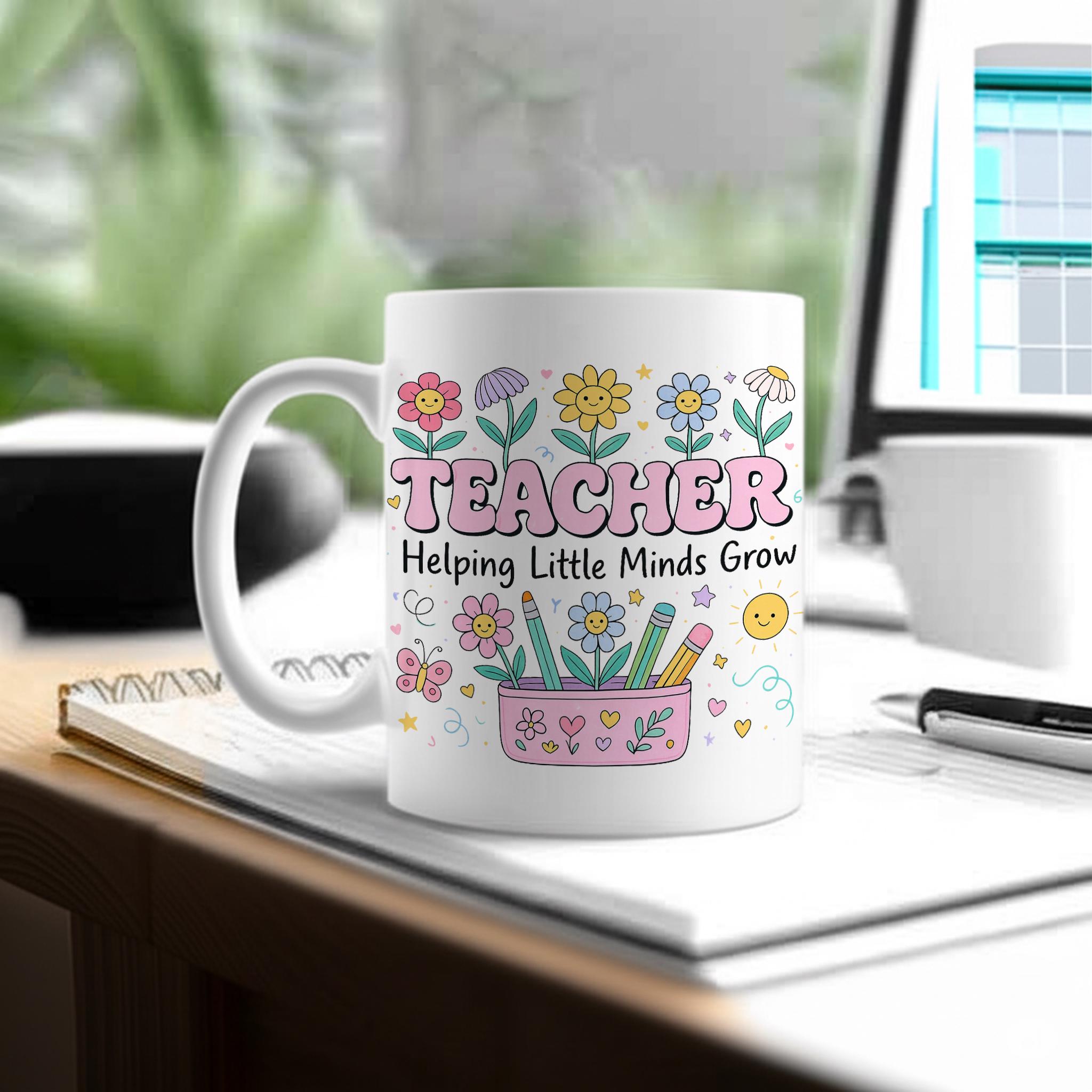 Teacher Mug Helping Little Minds Grow | Back to School Gift for Teachers | Floral Pencil Cup Coffee Cup | Classroom Appreciation Gift