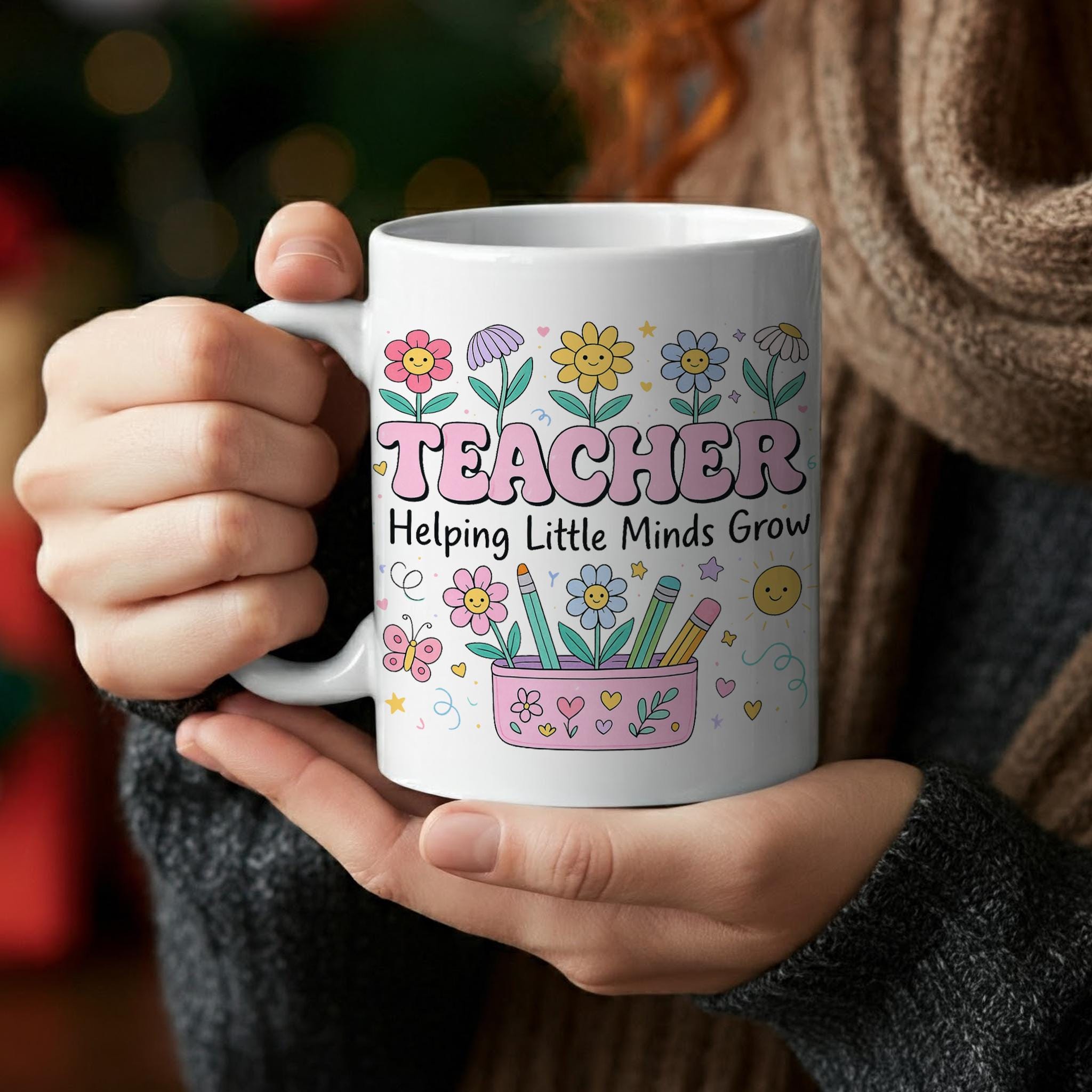 Teacher Mug Helping Little Minds Grow | Back to School Gift for Teachers | Floral Pencil Cup Coffee Cup | Classroom Appreciation Gift