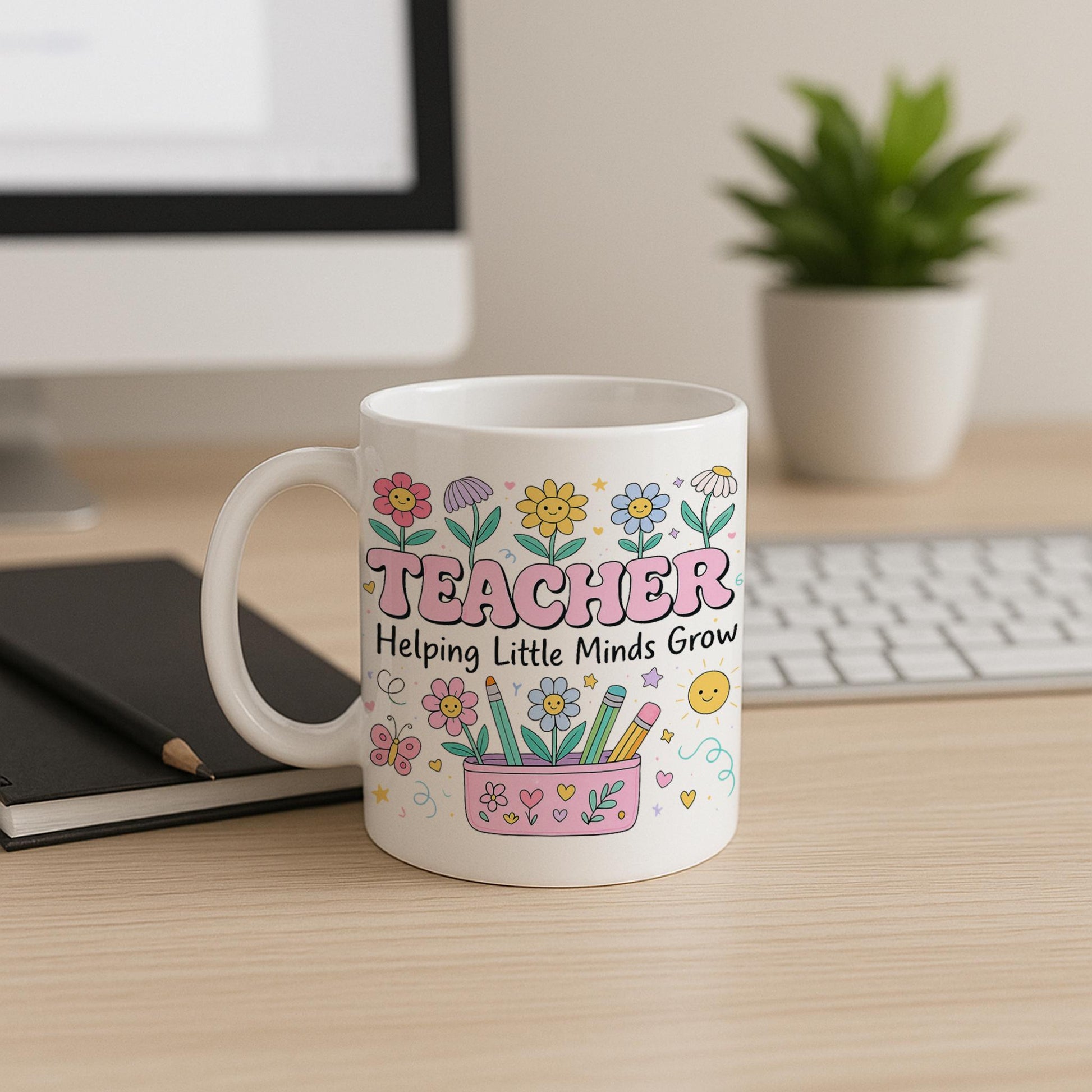 Teacher Mug Helping Little Minds Grow | Back to School Gift for Teachers | Floral Pencil Cup Coffee Cup | Classroom Appreciation Gift