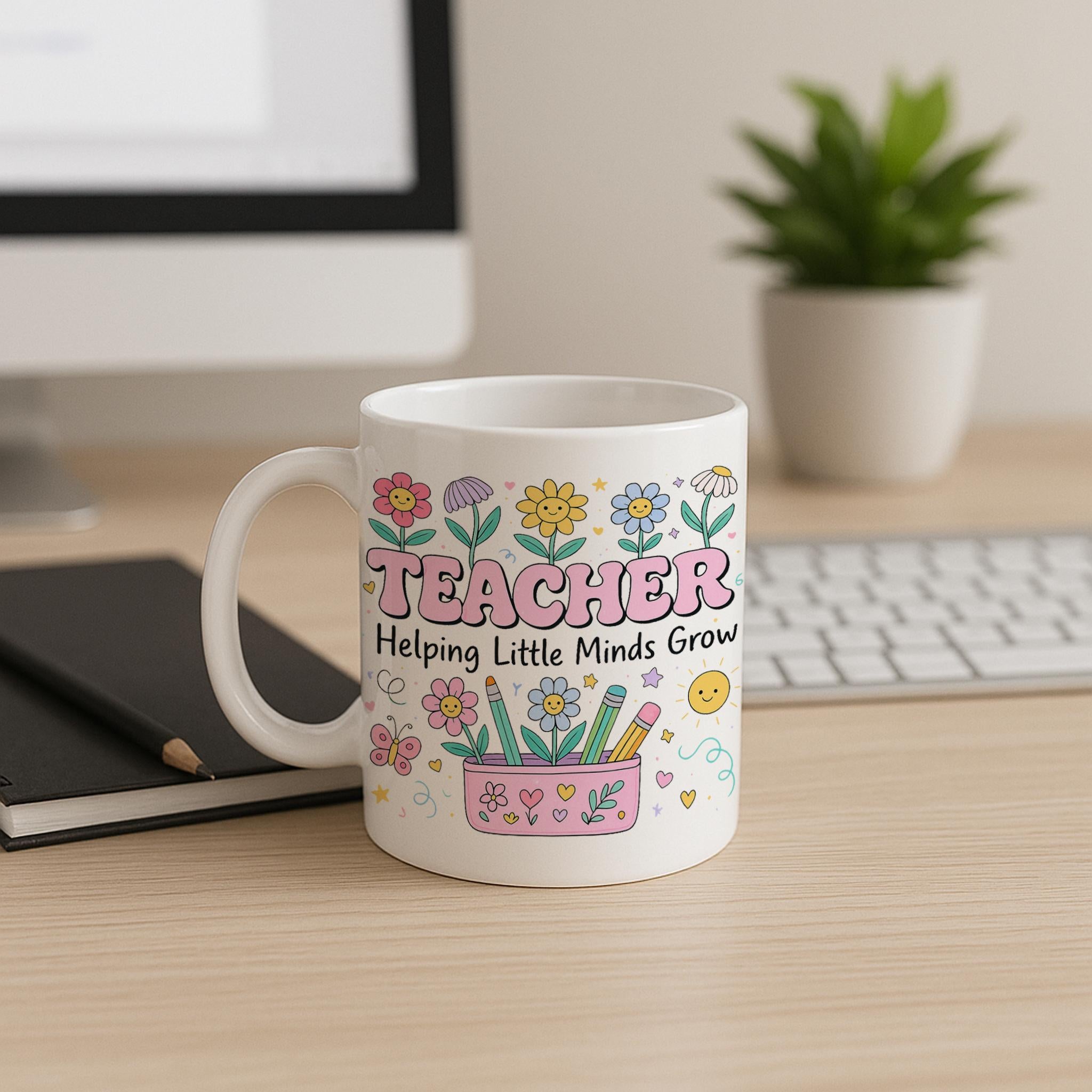 Teacher Mug Helping Little Minds Grow | Back to School Gift for Teachers | Floral Pencil Cup Coffee Cup | Classroom Appreciation Gift