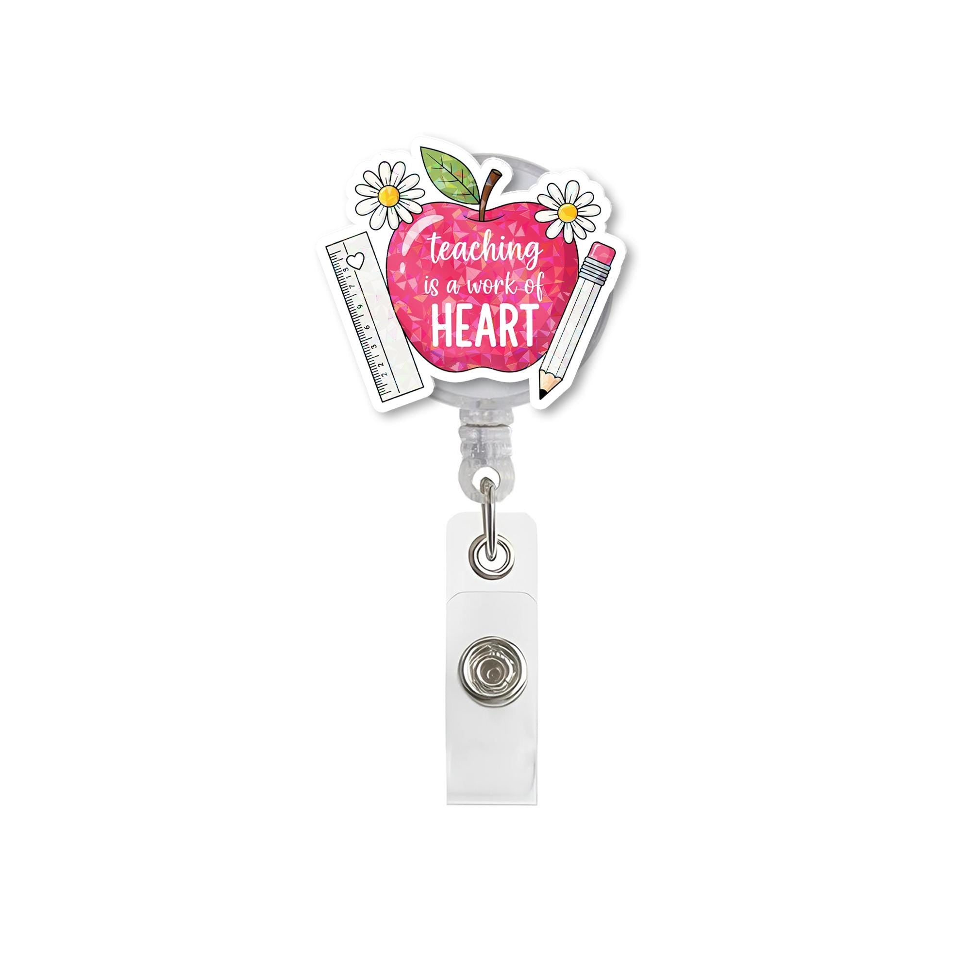 Teaching Is a Work of Heart Badge Reel | Cute Teacher ID Holder | Back to School Teacher Gift | Apple Pencil Daisy Design