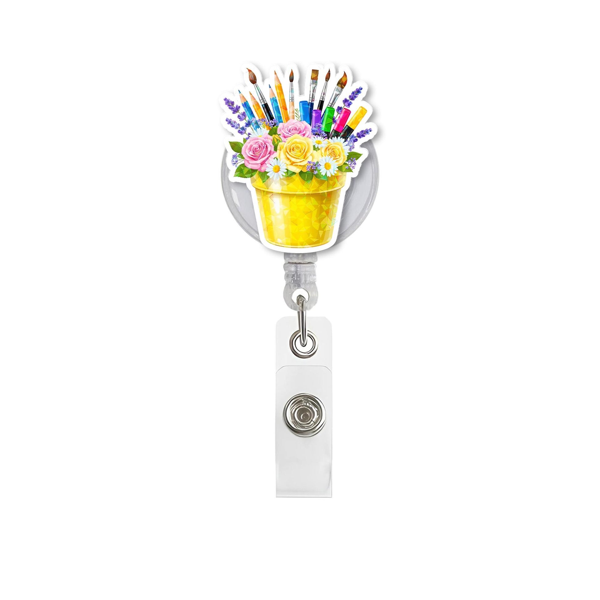 Art Teacher Badge Reel | Floral Paintbrush Holder ID Clip | Back to School Gift for Creative Educators, Artists & Teachers