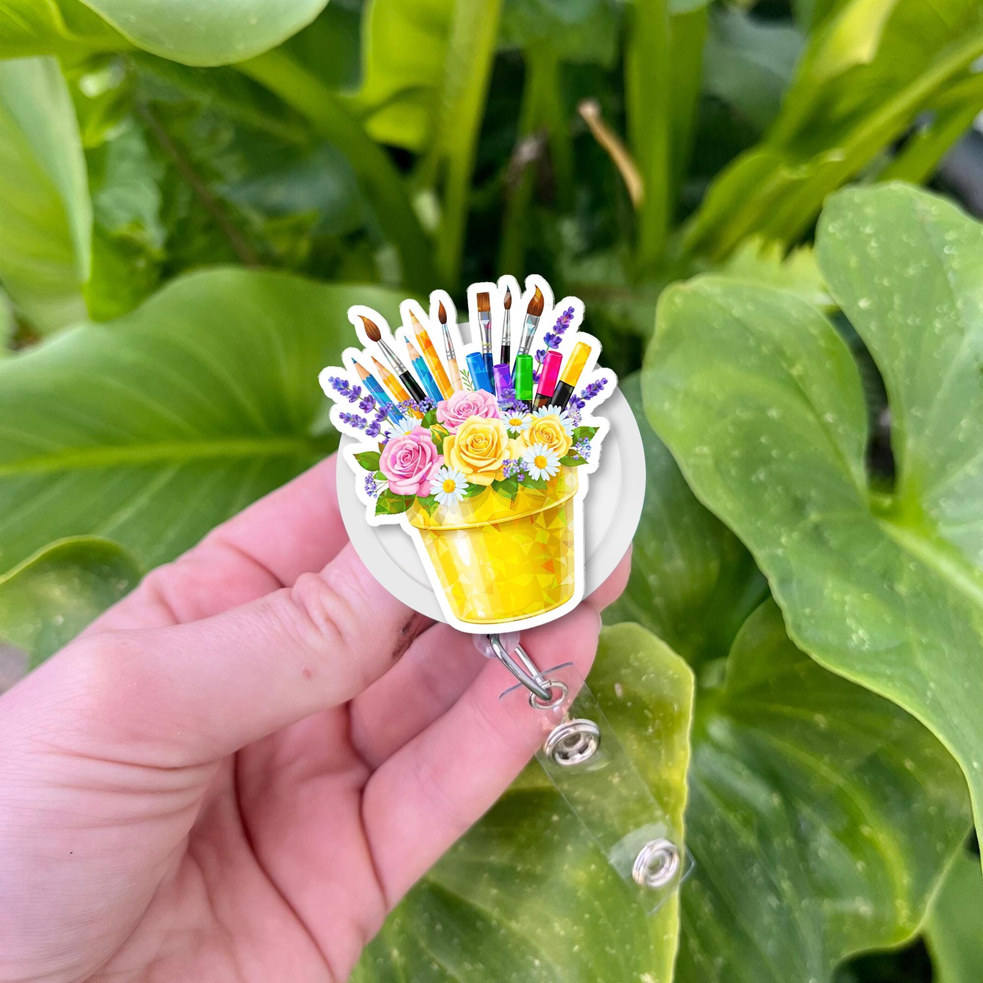 Art Teacher Badge Reel | Floral Paintbrush Holder ID Clip | Back to School Gift for Creative Educators, Artists & Teachers