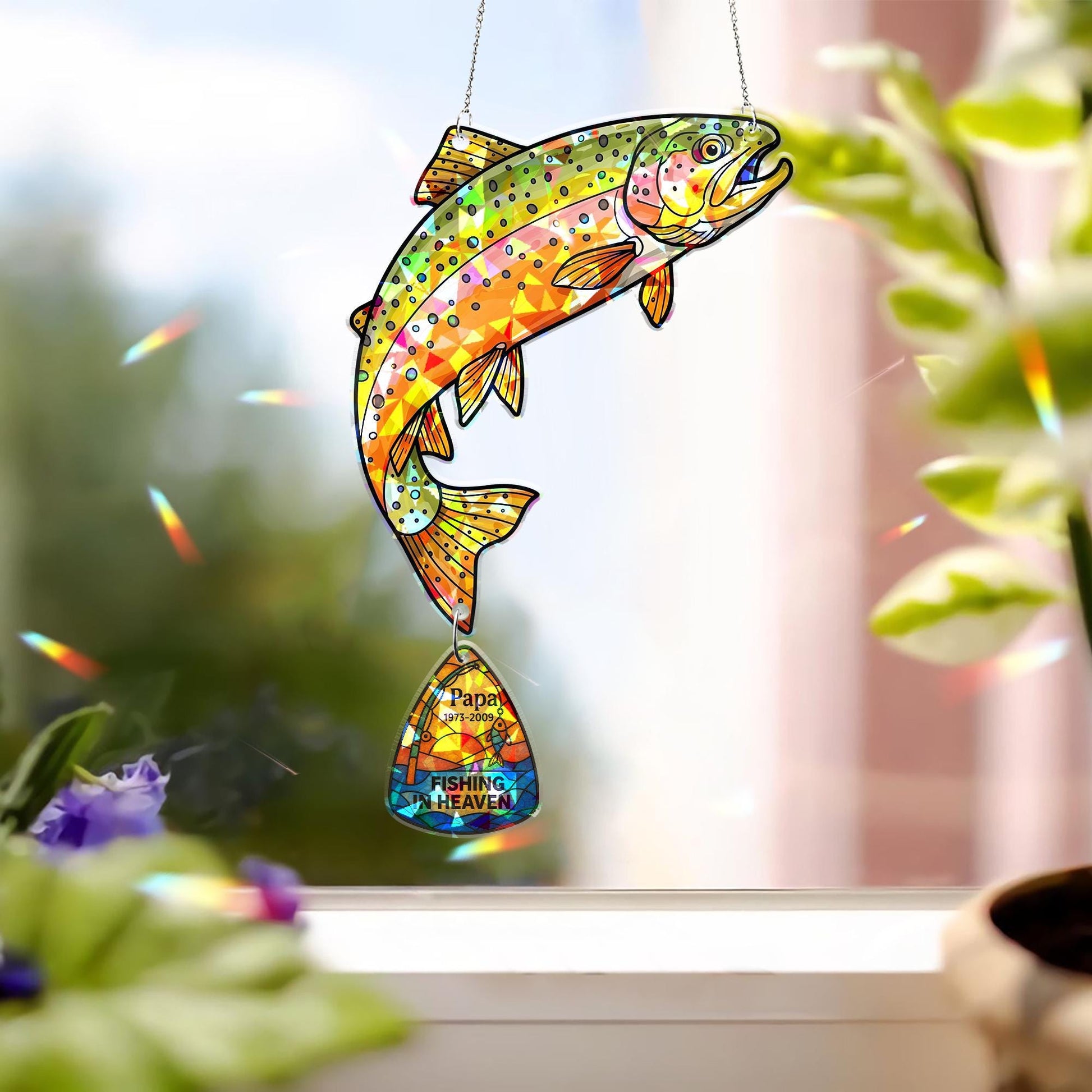Custom Memorial Fishing Holographic Acrylic Suncatcher for Grandpa – Rainbow Trout Heaven Tribute Gift, Personalized Father’s Day