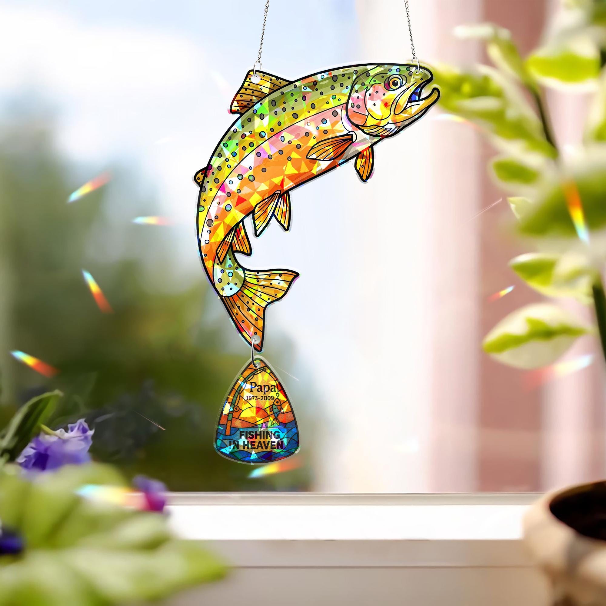 Custom Memorial Fishing Holographic Acrylic Suncatcher for Grandpa – Rainbow Trout Heaven Tribute Gift, Personalized Father’s Day