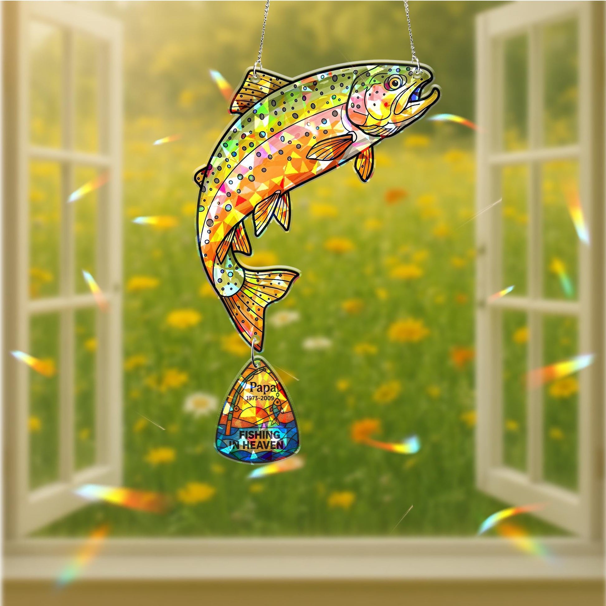 Custom Memorial Fishing Holographic Acrylic Suncatcher for Grandpa – Rainbow Trout Heaven Tribute Gift, Personalized Father’s Day