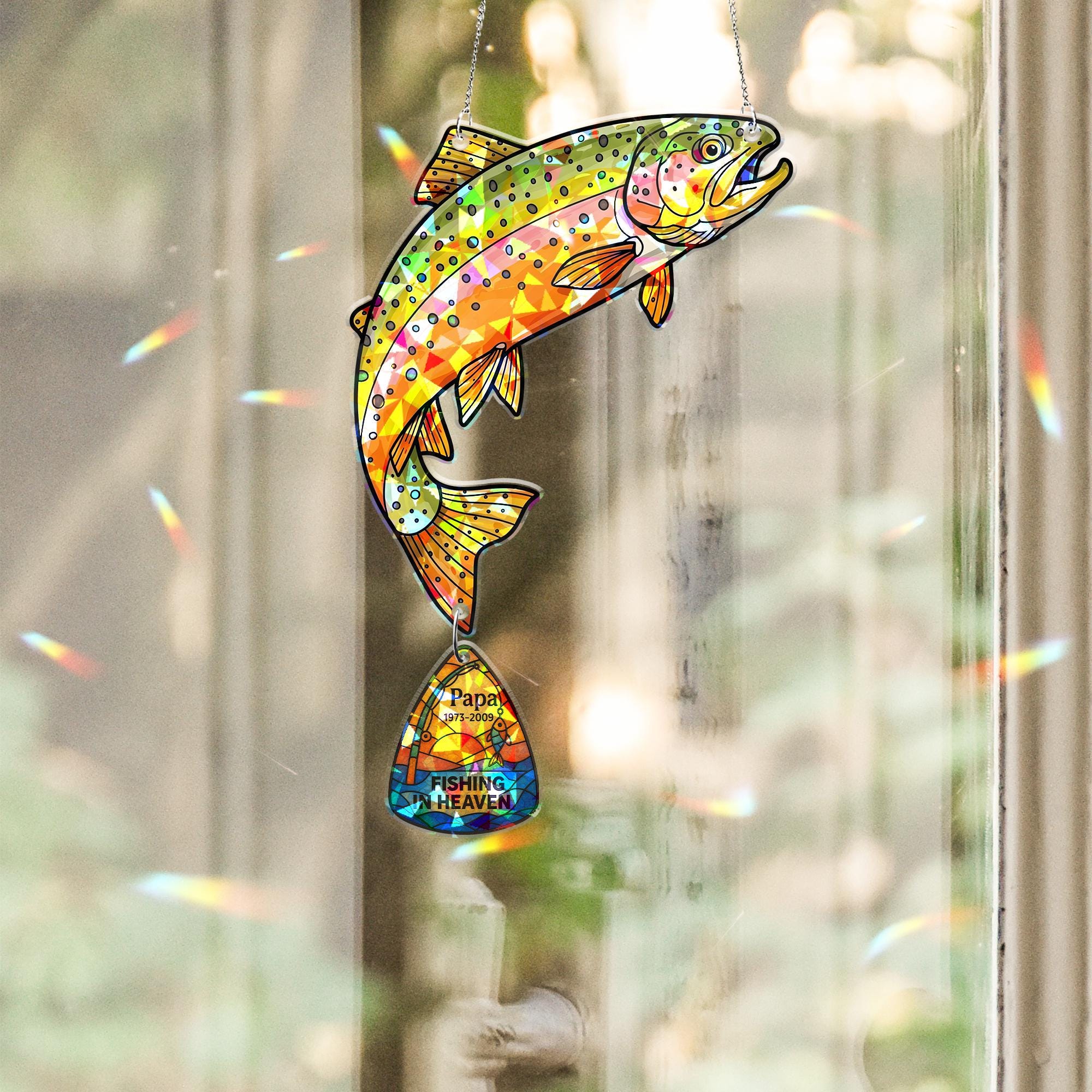 Custom Memorial Fishing Holographic Acrylic Suncatcher for Grandpa – Rainbow Trout Heaven Tribute Gift, Personalized Father’s Day