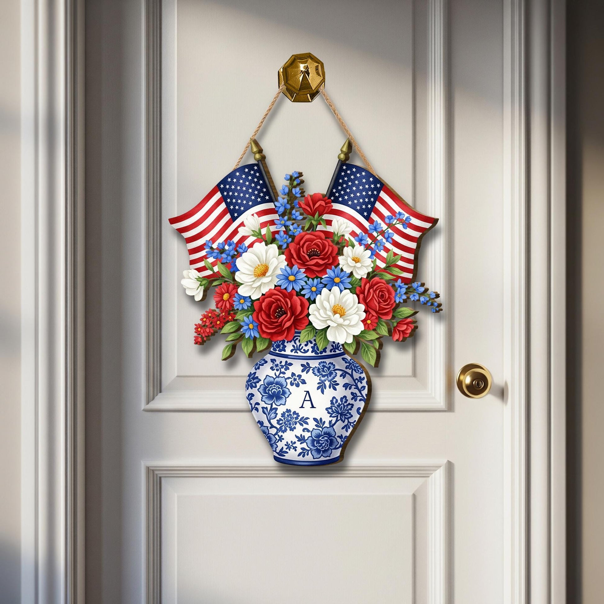 Patriotic Door Sign, 4th of July Floral Wall Hanging, Wooden USA Decor, Red White Blue Vase Sign, American Flag Door Decor, 4th July Gift
