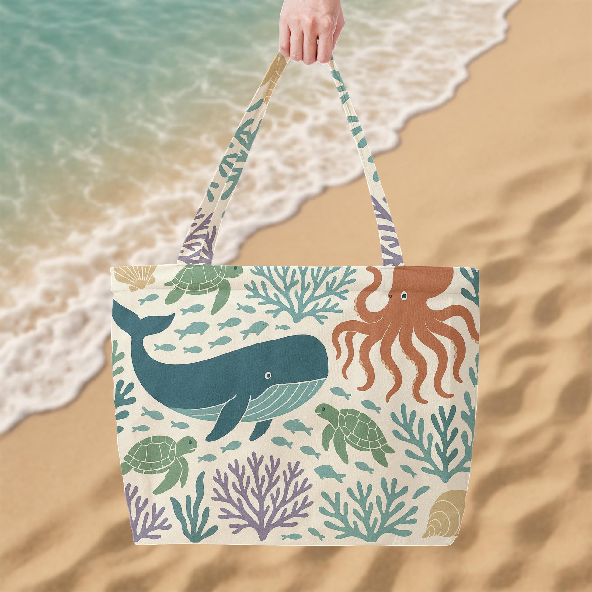 Ocean Animals Summer Tote Bag – Beach Vibes Whale, Turtle & Octopus Bag, Cute Coastal Sea Life Canvas for Travel, Pool, or Shopping