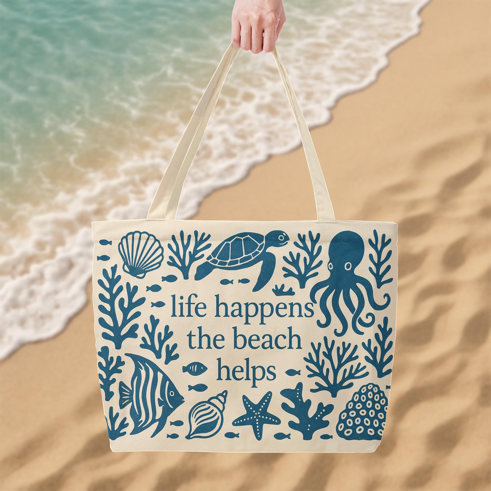 Life Happens the Beach Helps Tote – Coastal Canvas Bag with Sea Creatures, Nautical Summer Beach Bag for Ocean Lovers & Vacation Days