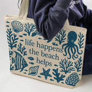 Life Happens the Beach Helps Tote – Coastal Canvas Bag with Sea Creatures, Nautical Summer Beach Bag for Ocean Lovers & Vacation Days