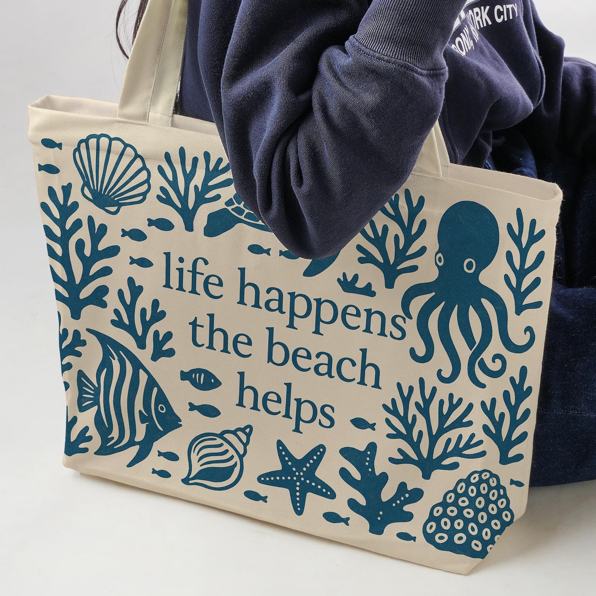 Life Happens the Beach Helps Tote – Coastal Canvas Bag with Sea Creatures, Nautical Summer Beach Bag for Ocean Lovers & Vacation Days