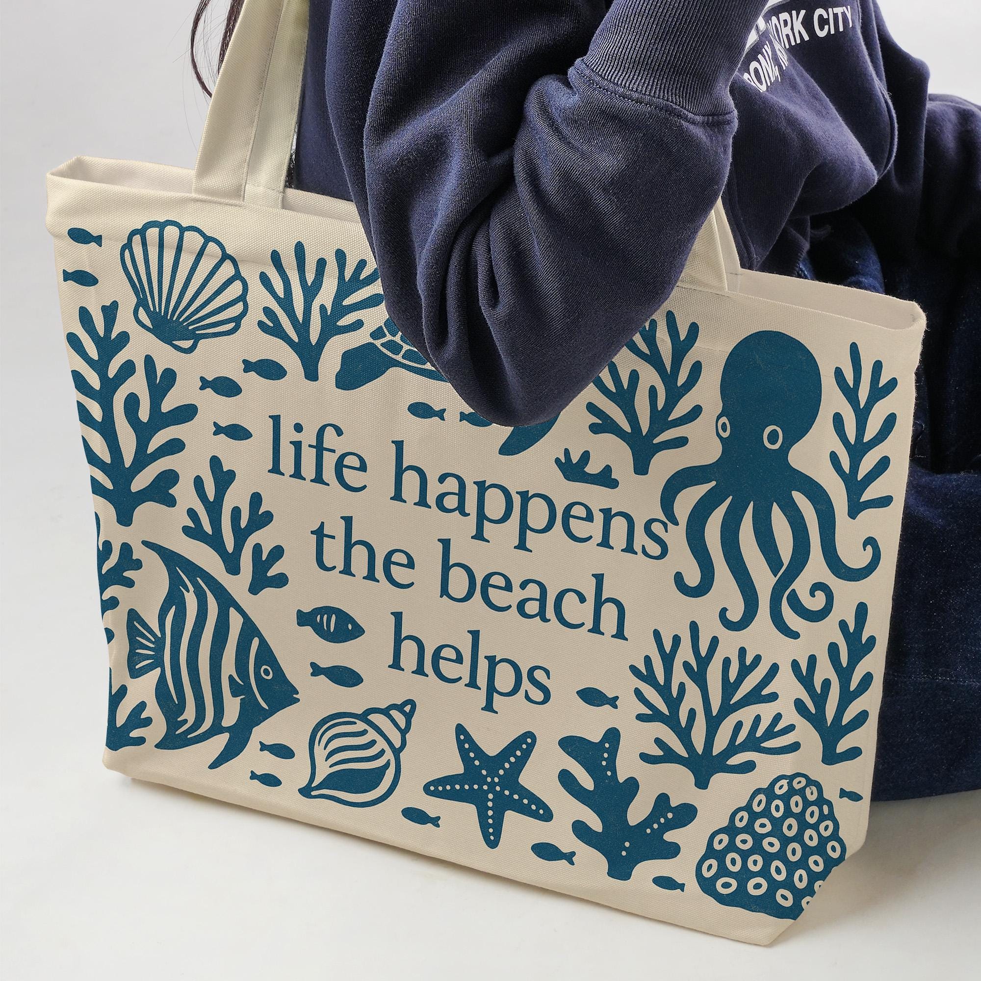 Life Happens the Beach Helps Tote – Coastal Canvas Bag with Sea Creatures, Nautical Summer Beach Bag for Ocean Lovers & Vacation Days