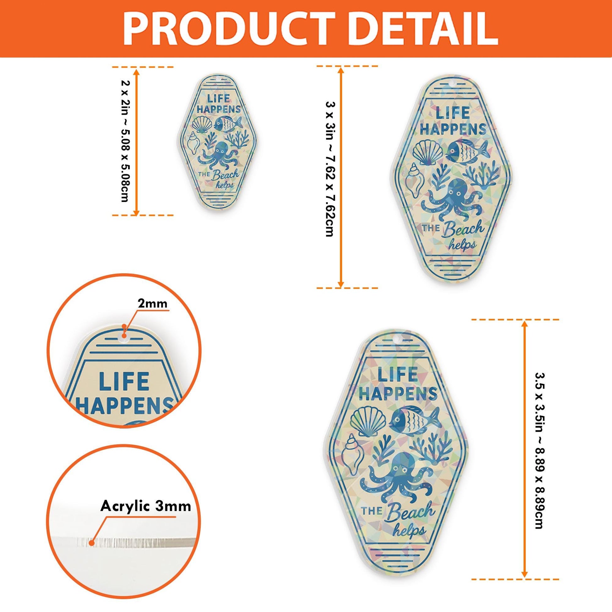 Life Happens the Beach Helps Holographic Keychain – Retro Motel Tag Style, Ocean Lover Summer Gift, Coastal Travel Bag Charm