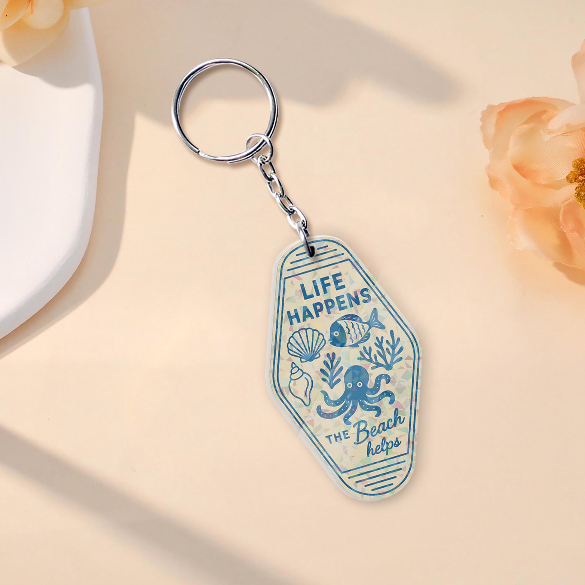 Life Happens the Beach Helps Holographic Keychain – Retro Motel Tag Style, Ocean Lover Summer Gift, Coastal Travel Bag Charm