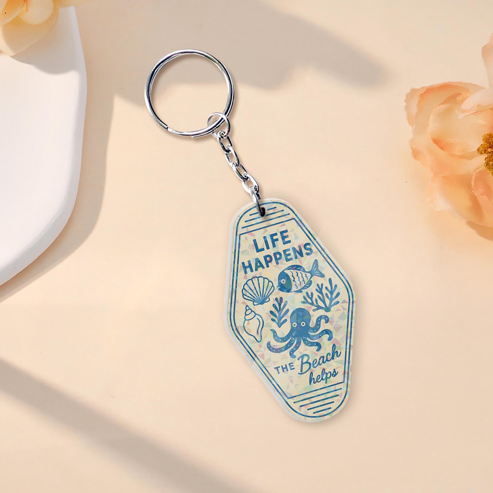 Life Happens the Beach Helps Holographic Keychain – Retro Motel Tag Style, Ocean Lover Summer Gift, Coastal Travel Bag Charm