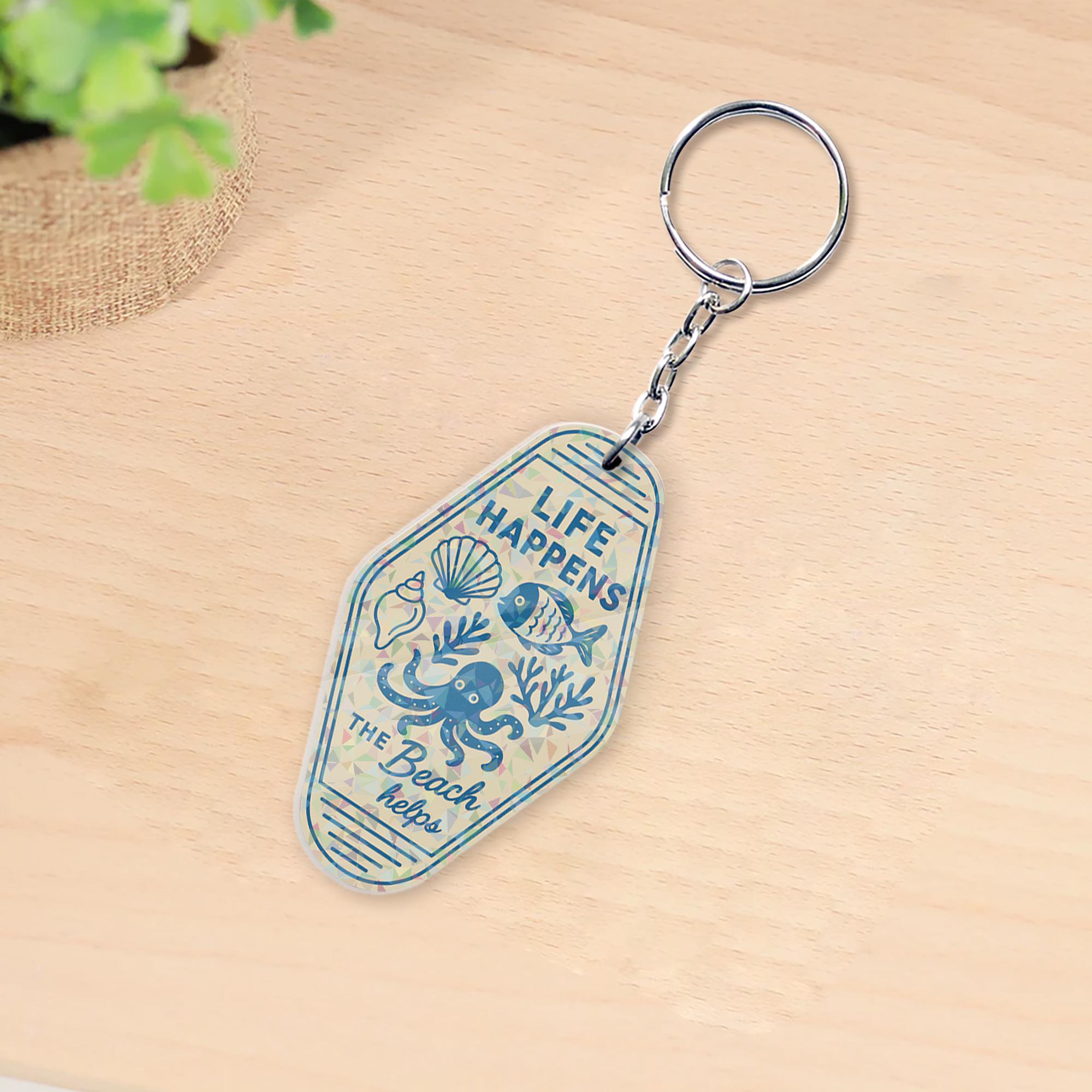 Life Happens the Beach Helps Holographic Keychain – Retro Motel Tag Style, Ocean Lover Summer Gift, Coastal Travel Bag Charm