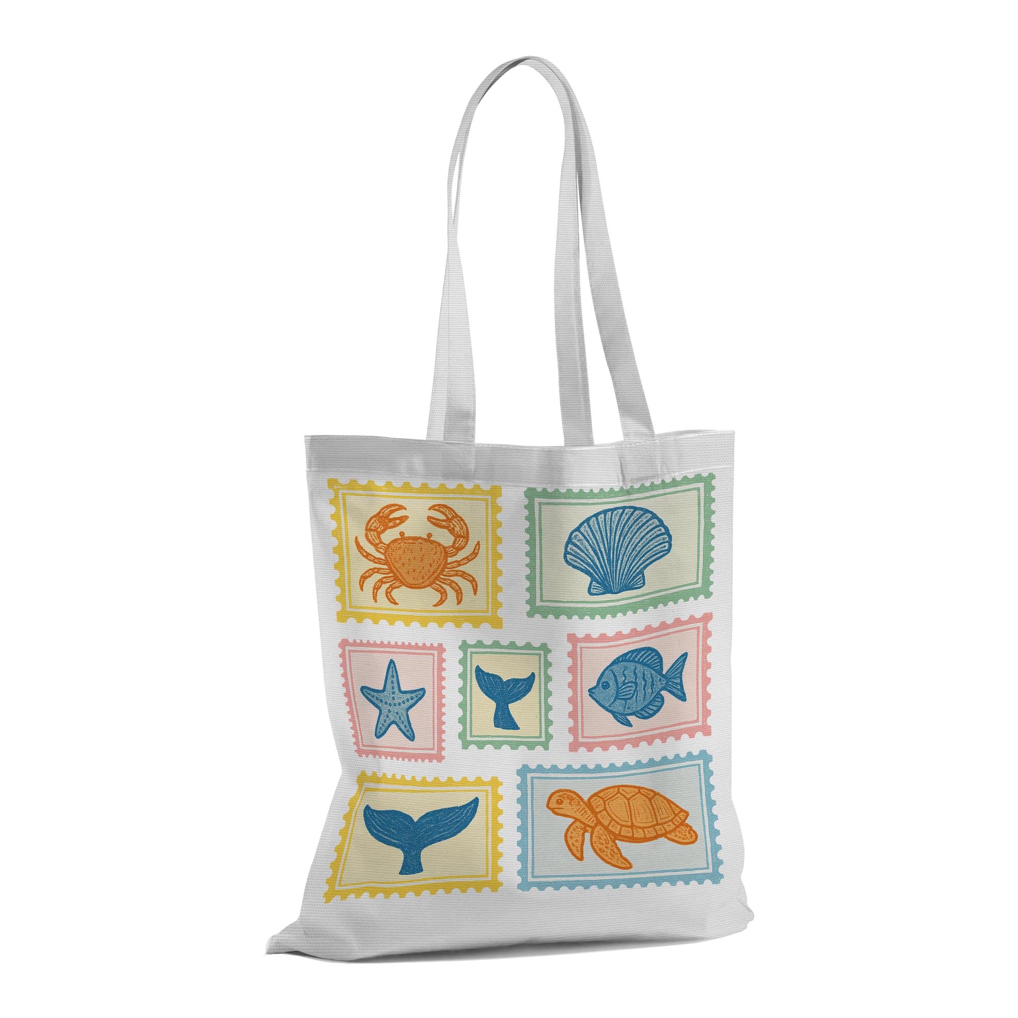 Retro Beach Stamp Tote Bag – Coastal Canvas Bag with Sea Creatures & Shells, Cute Ocean-Inspired Summer Travel or Market Tote