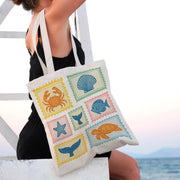 Retro Beach Stamp Tote Bag – Coastal Canvas Bag with Sea Creatures & Shells, Cute Ocean-Inspired Summer Travel or Market Tote