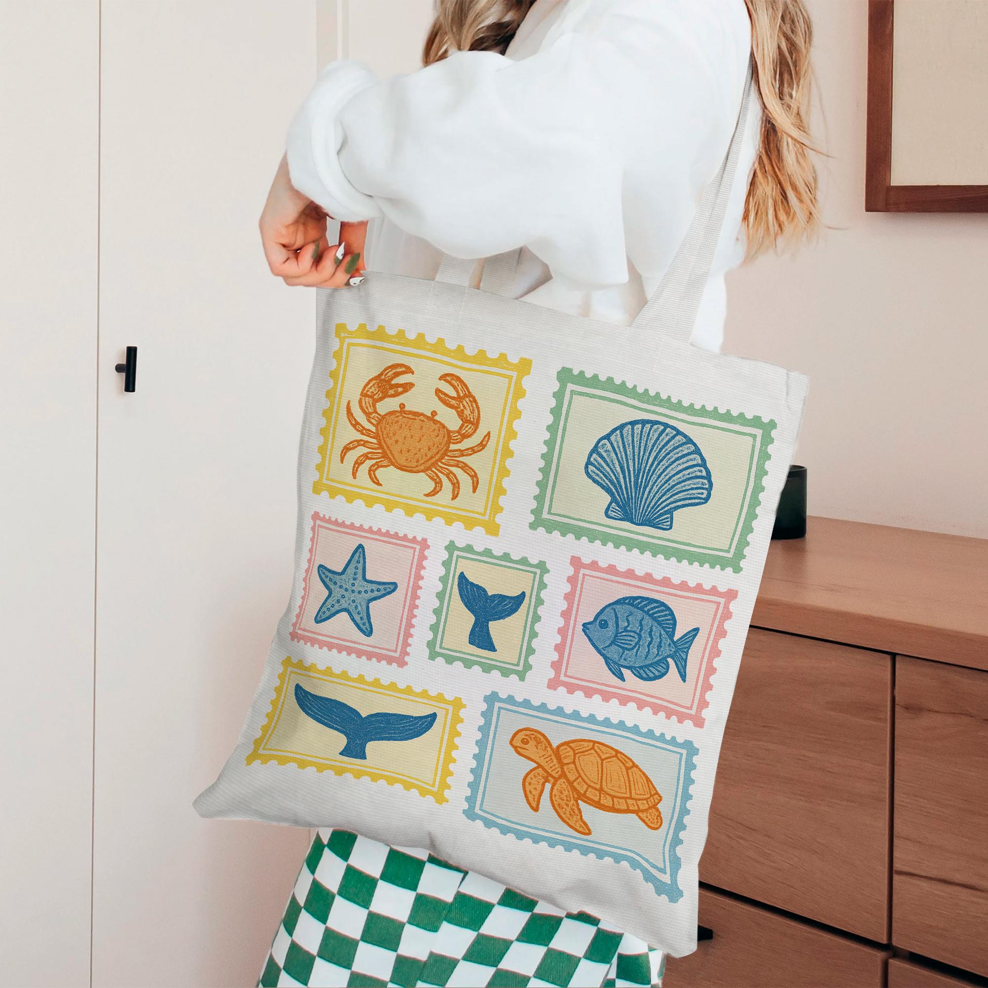 Retro Beach Stamp Tote Bag – Coastal Canvas Bag with Sea Creatures & Shells, Cute Ocean-Inspired Summer Travel or Market Tote