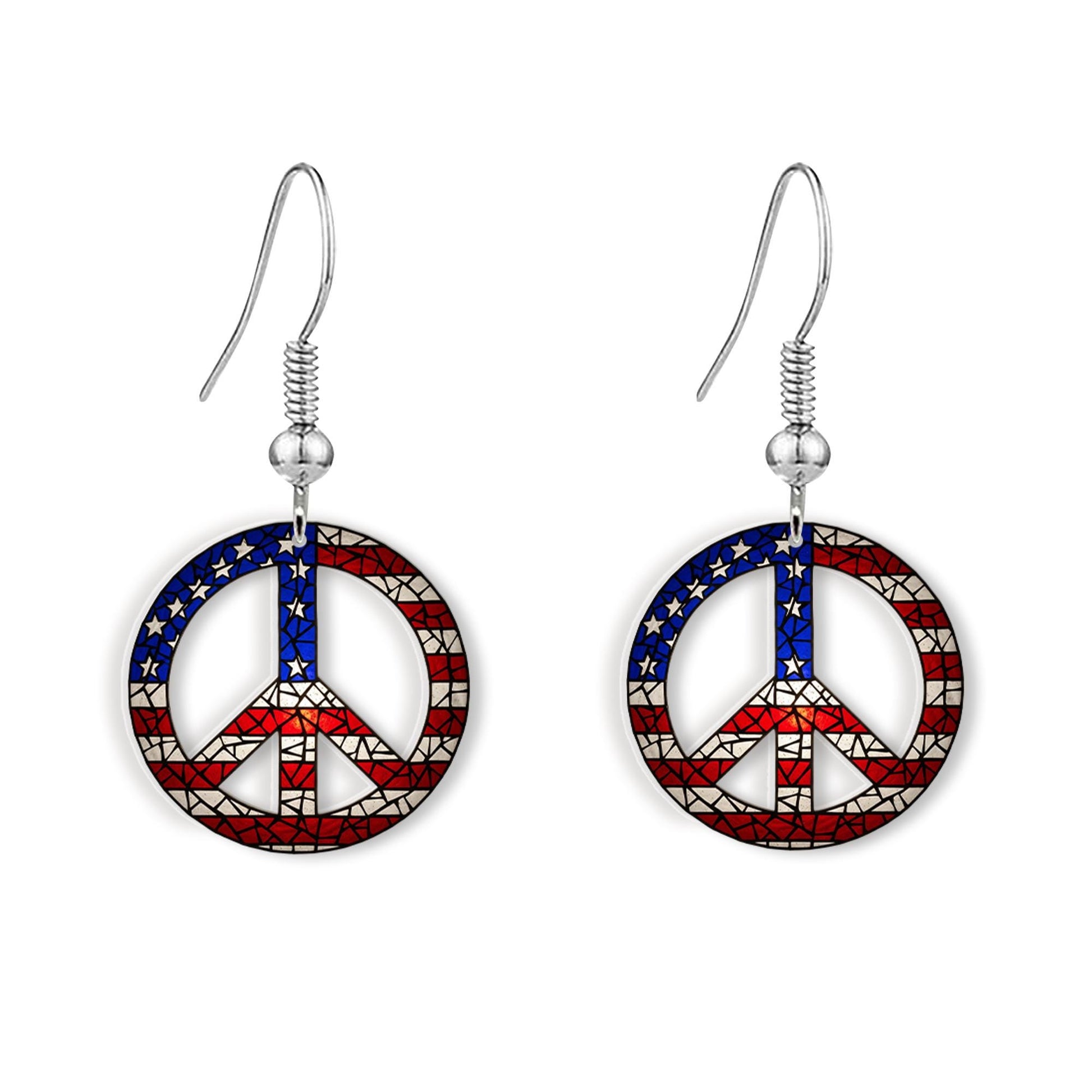 Patriotic Peace Earrings, USA Flag Jewelry, Red White Blue Dangle, 4th of July Earrings, American Hippie Style Gift for Her