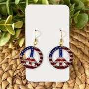 Patriotic Peace Earrings, USA Flag Jewelry, Red White Blue Dangle, 4th of July Earrings, American Hippie Style Gift for Her