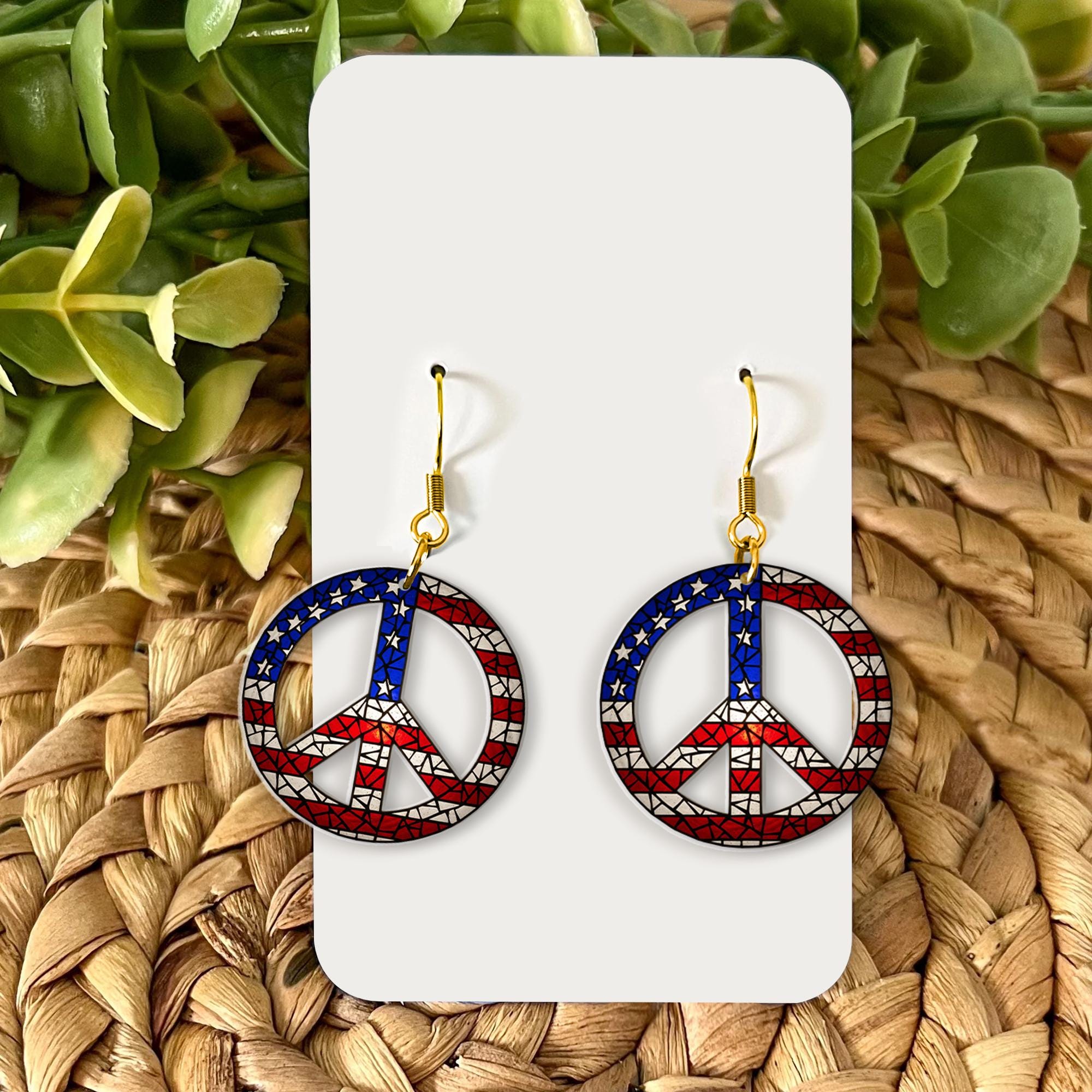 Patriotic Peace Earrings, USA Flag Jewelry, Red White Blue Dangle, 4th of July Earrings, American Hippie Style Gift for Her