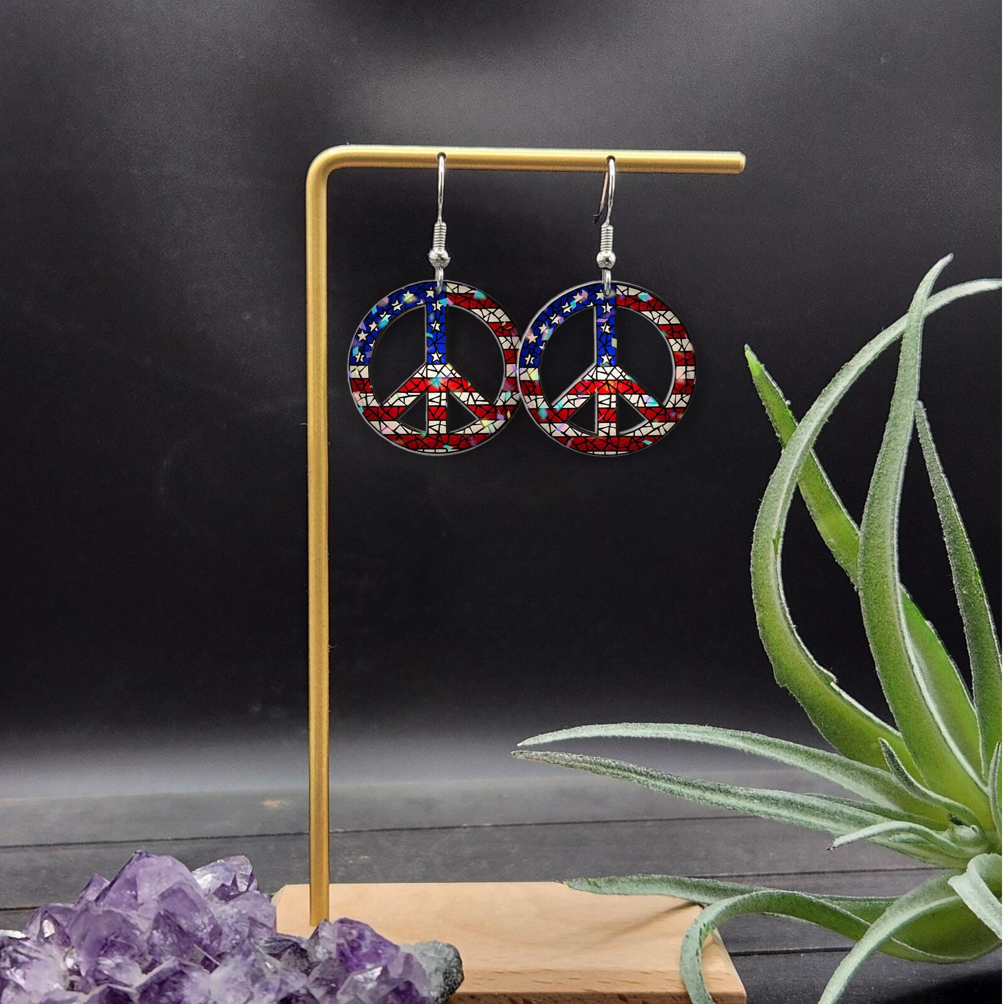 Patriotic Peace Earrings, USA Flag Jewelry, Red White Blue Dangle, 4th of July Earrings, American Hippie Style Gift for Her