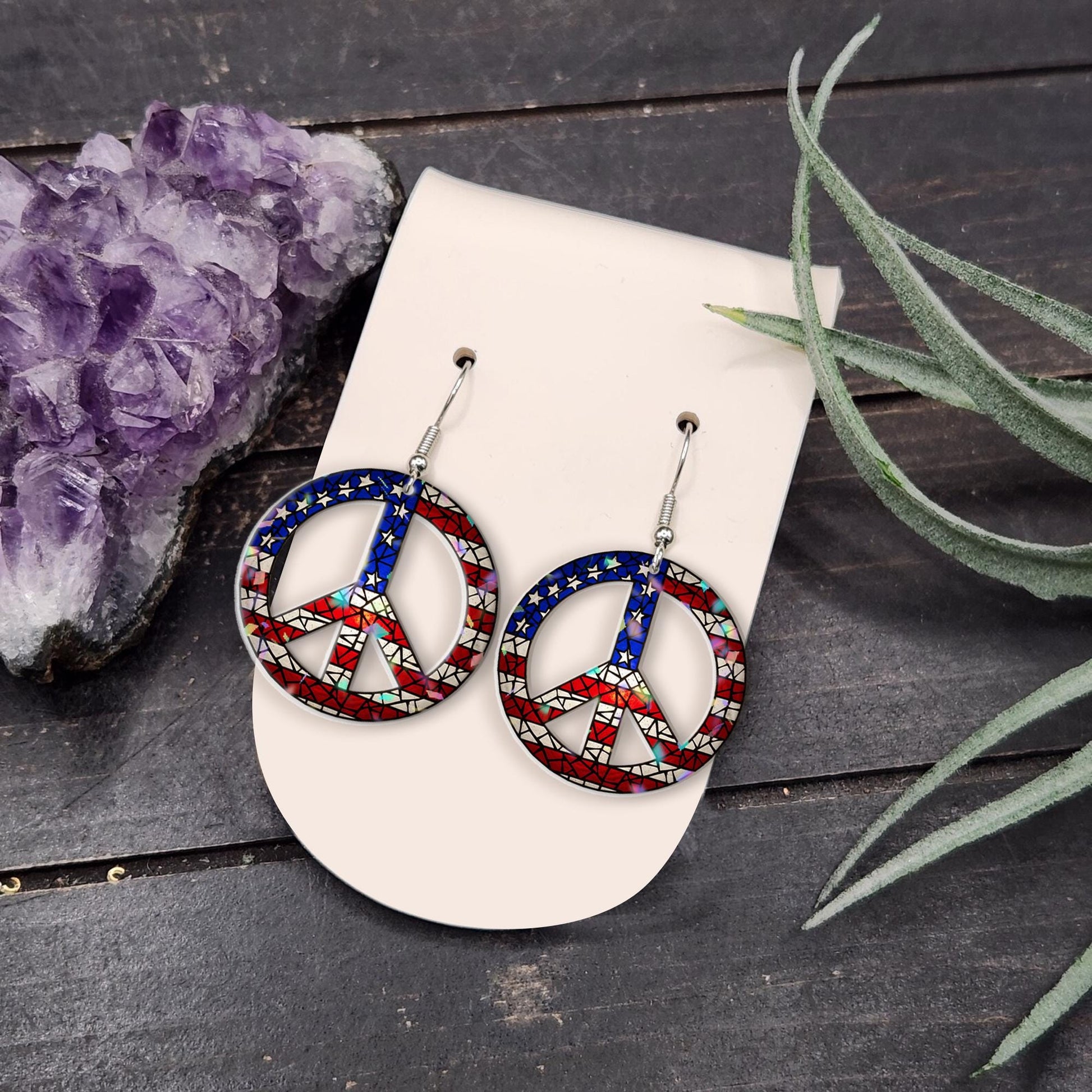Patriotic Peace Earrings, USA Flag Jewelry, Red White Blue Dangle, 4th of July Earrings, American Hippie Style Gift for Her