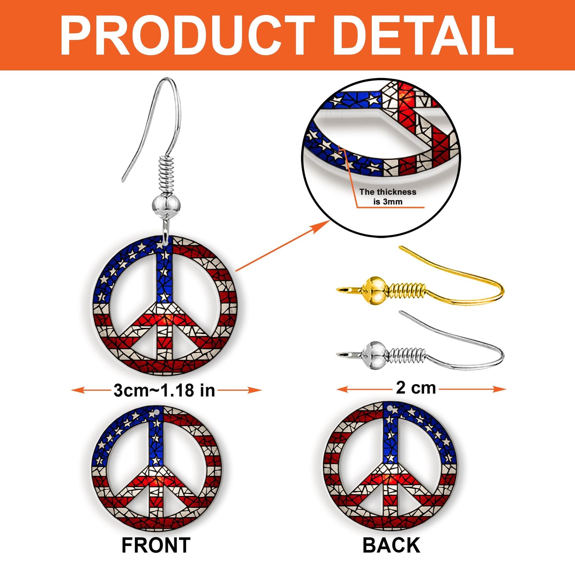 Patriotic Peace Earrings, USA Flag Jewelry, Red White Blue Dangle, 4th of July Earrings, American Hippie Style Gift for Her