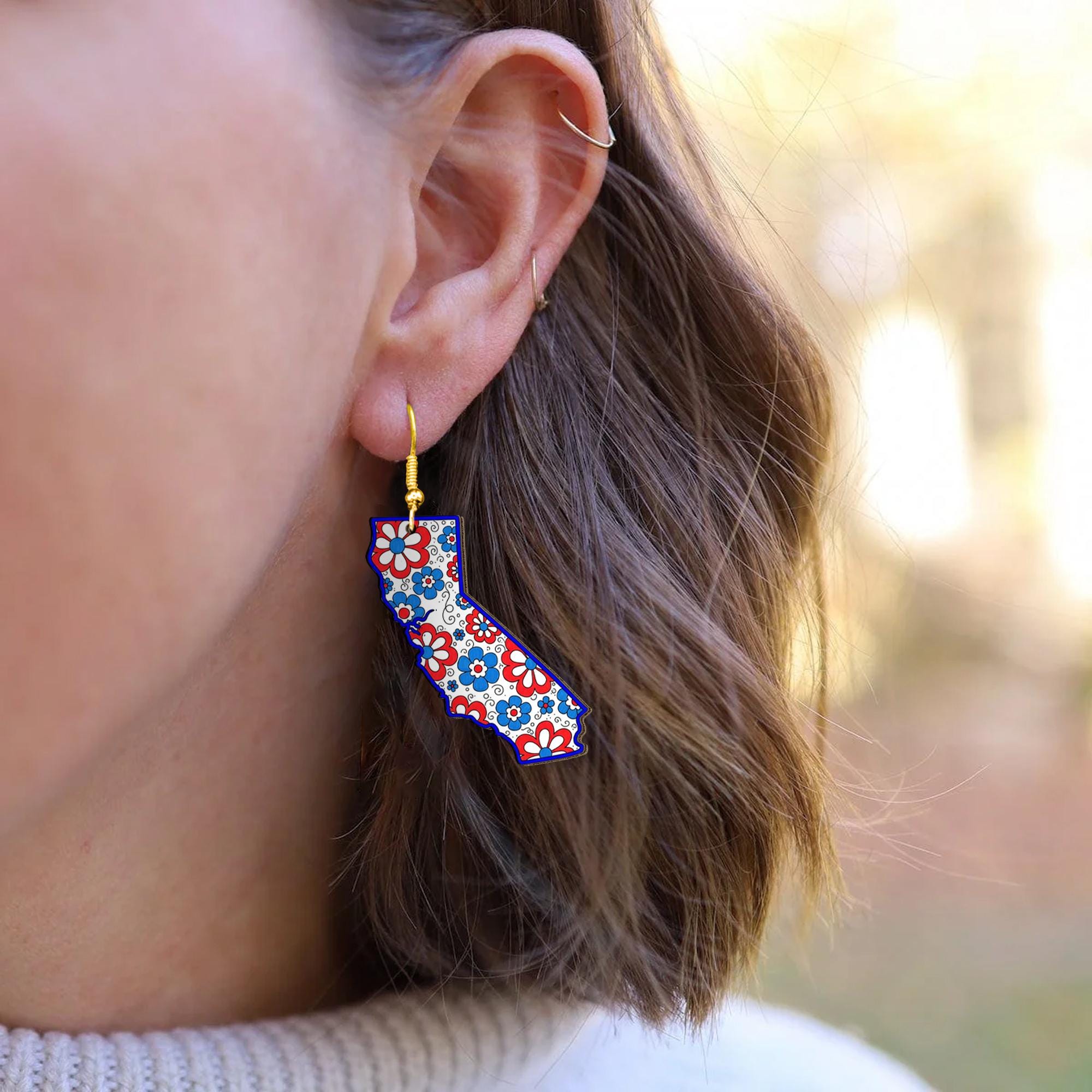 California State Earrings, Patriotic Floral Jewelry, Red White Blue Dangle, USA Summer Gift, 4th of July State Pride Earrings