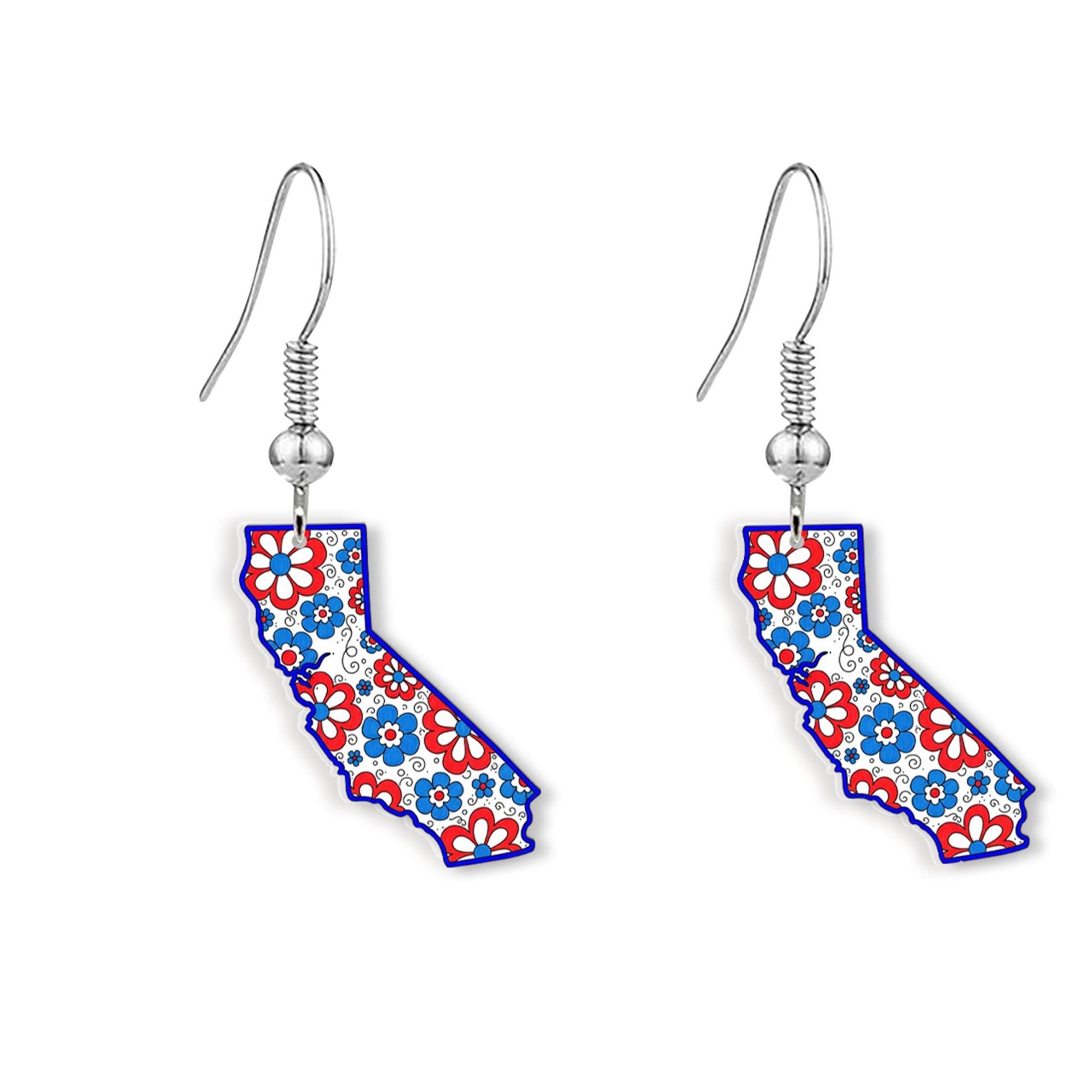 California State Earrings, Patriotic Floral Jewelry, Red White Blue Dangle, USA Summer Gift, 4th of July State Pride Earrings