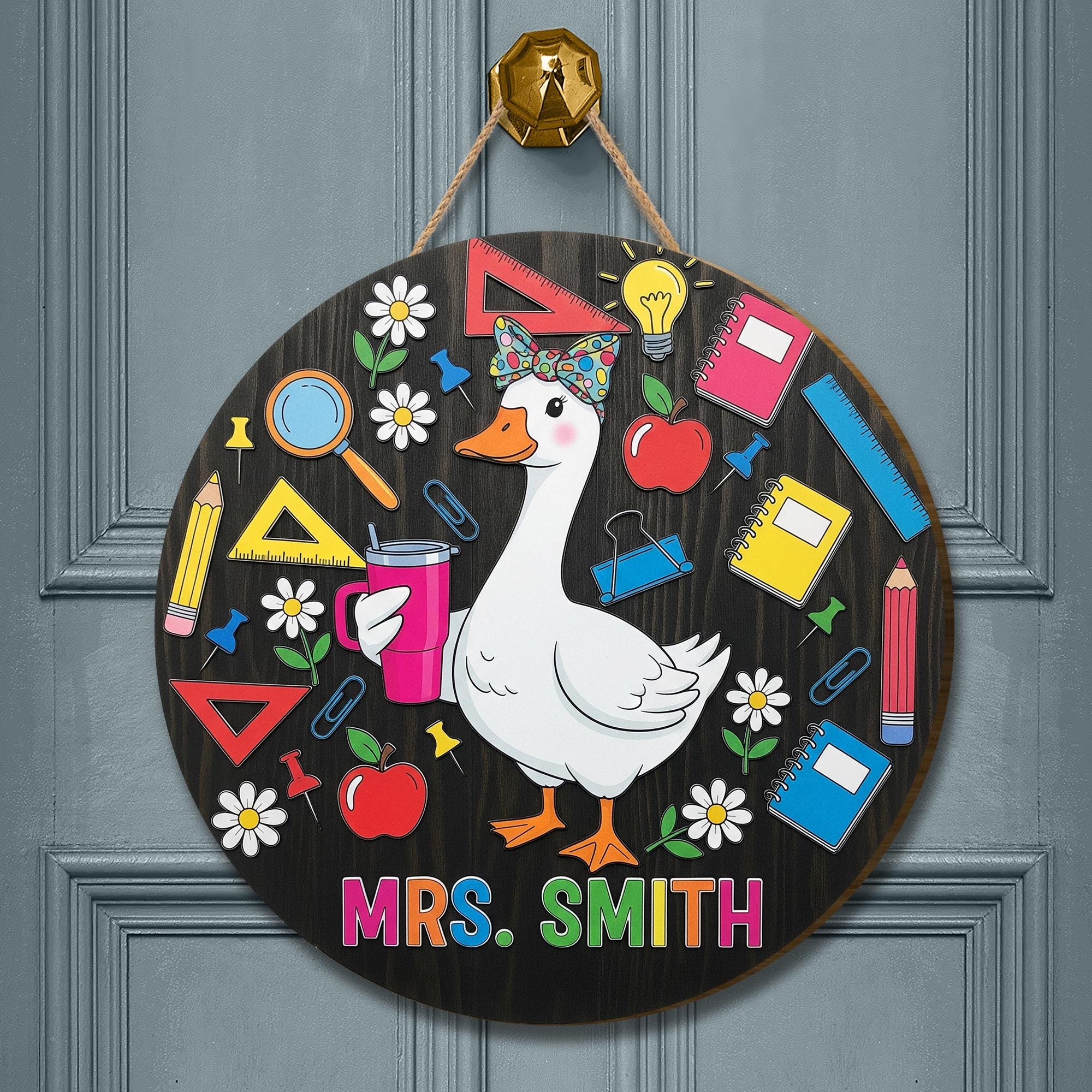 Funny Goose Teacher Door Sign – Personalized Classroom Decor with Name, Back to School Gift for Teachers, Cute Duck Theme Sign, Welcome Sign