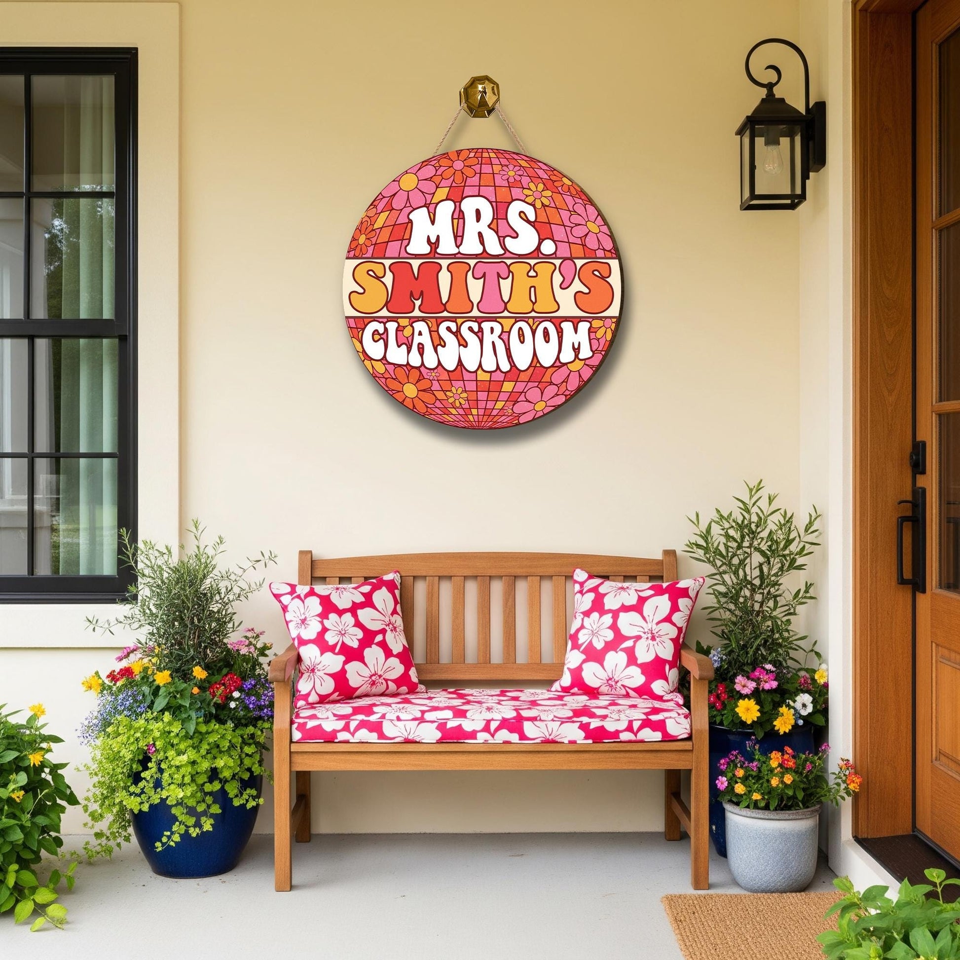 Retro Groovy Classroom Door Sign – Personalized Teacher Name Wall Decor, Floral Disco Theme Back to School Gift for Teachers, Welcome Sign