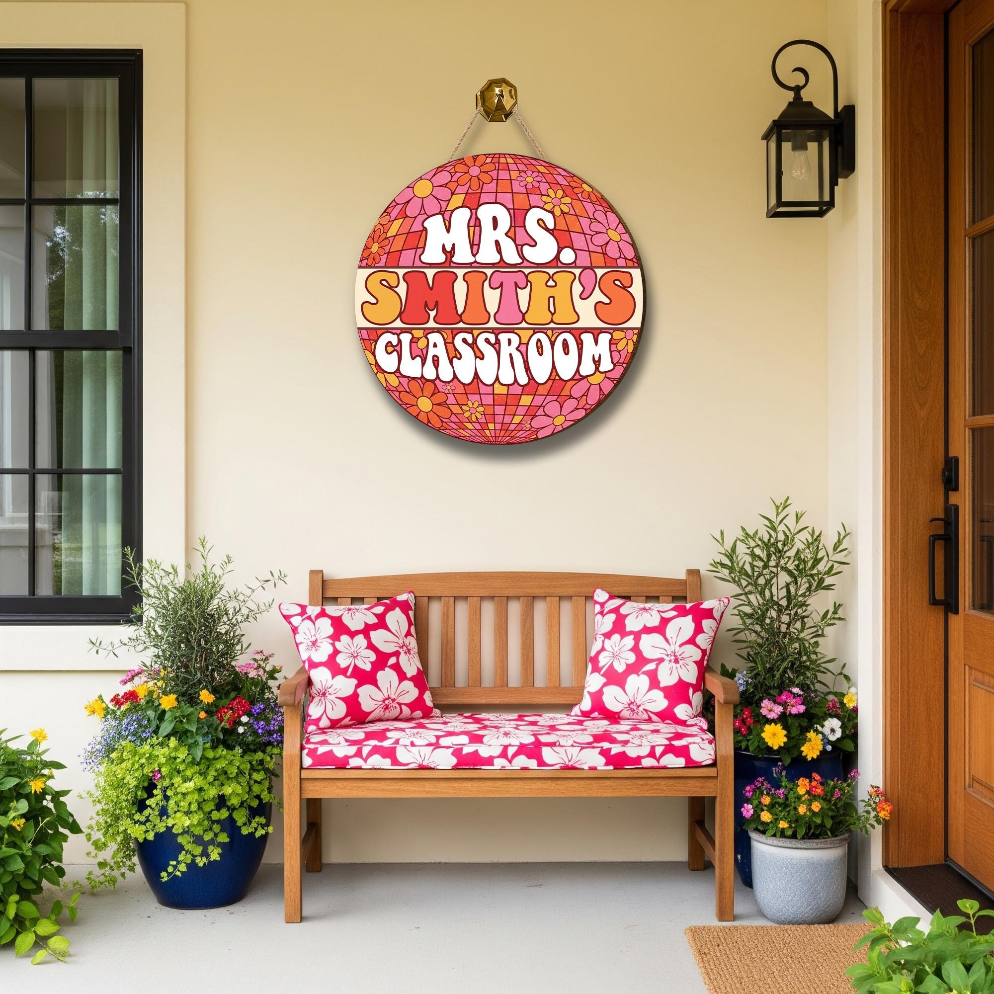 Retro Groovy Classroom Door Sign – Personalized Teacher Name Wall Decor, Floral Disco Theme Back to School Gift for Teachers, Welcome Sign