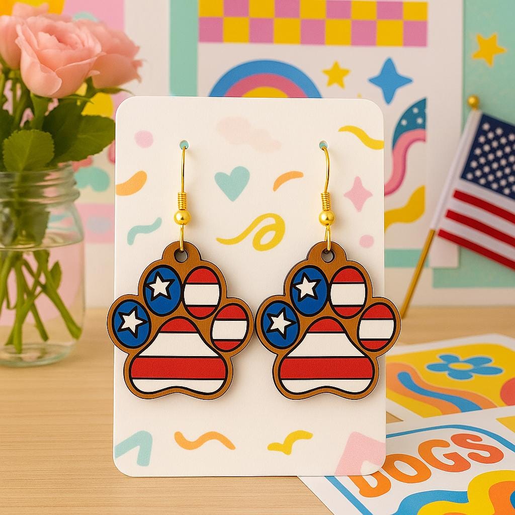 Patriotic Dog Paw Earrings - Red White Blue USA Jewelry - July 4th Earrings - American Flag Pet Lover Gift - Summer Statement Earrings