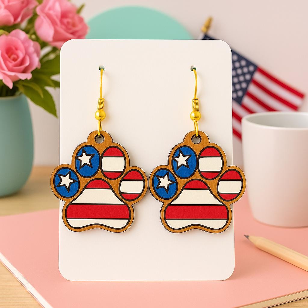 Patriotic Dog Paw Earrings - Red White Blue USA Jewelry - July 4th Earrings - American Flag Pet Lover Gift - Summer Statement Earrings