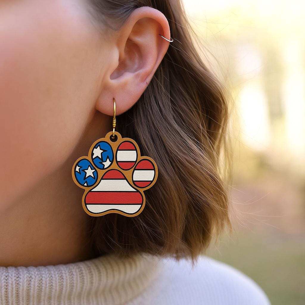 Patriotic Dog Paw Earrings - Red White Blue USA Jewelry - July 4th Earrings - American Flag Pet Lover Gift - Summer Statement Earrings