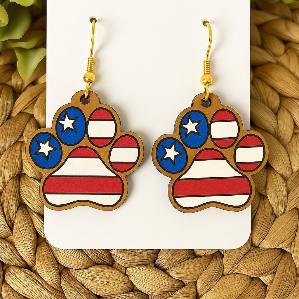 Patriotic Dog Paw Earrings - Red White Blue USA Jewelry - July 4th Earrings - American Flag Pet Lover Gift - Summer Statement Earrings