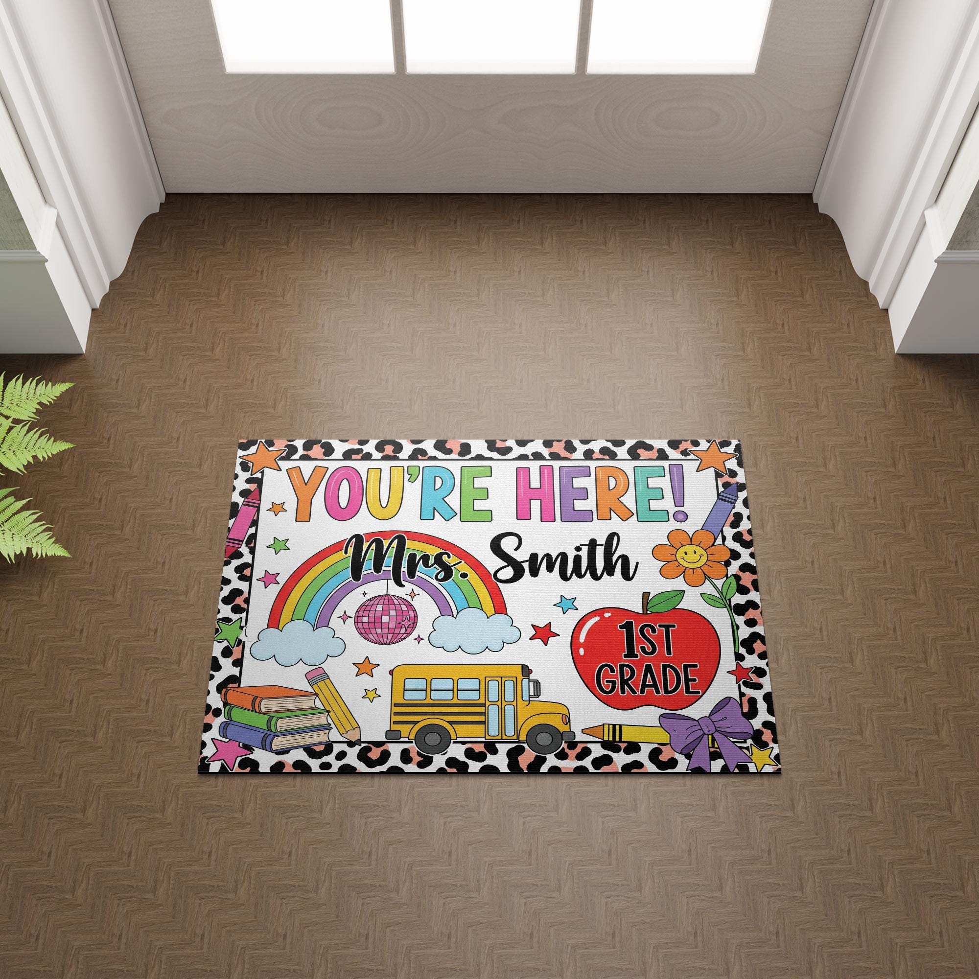 Personalized Teacher Classroom Doormat, Composition Notebook Classroom Decor, Teacher Appreciation Gift, Groovy Doormat, Yay You're Here