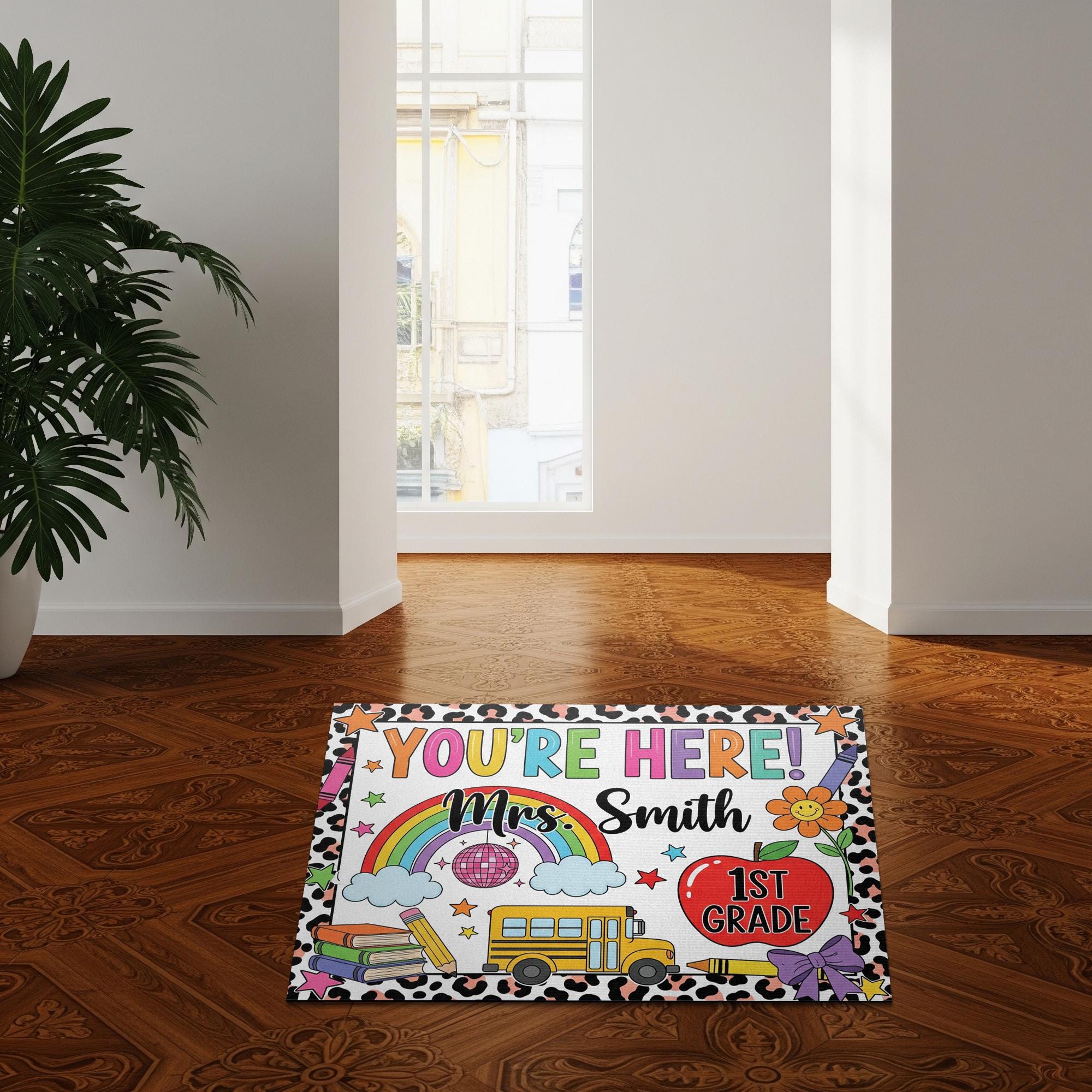 Personalized Teacher Classroom Doormat, Composition Notebook Classroom Decor, Teacher Appreciation Gift, Groovy Doormat, Yay You're Here
