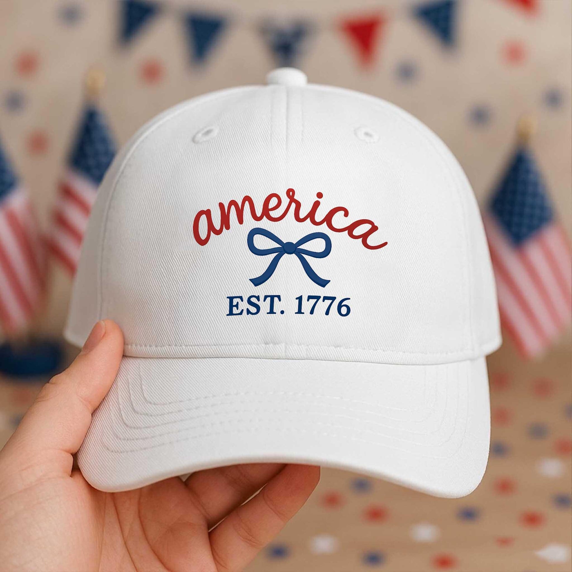 America EST 1776 Hat - Patriotic Bow Cap - 4th of July Cute USA Hat - Women’s Summer Hat - Independence Day Gift