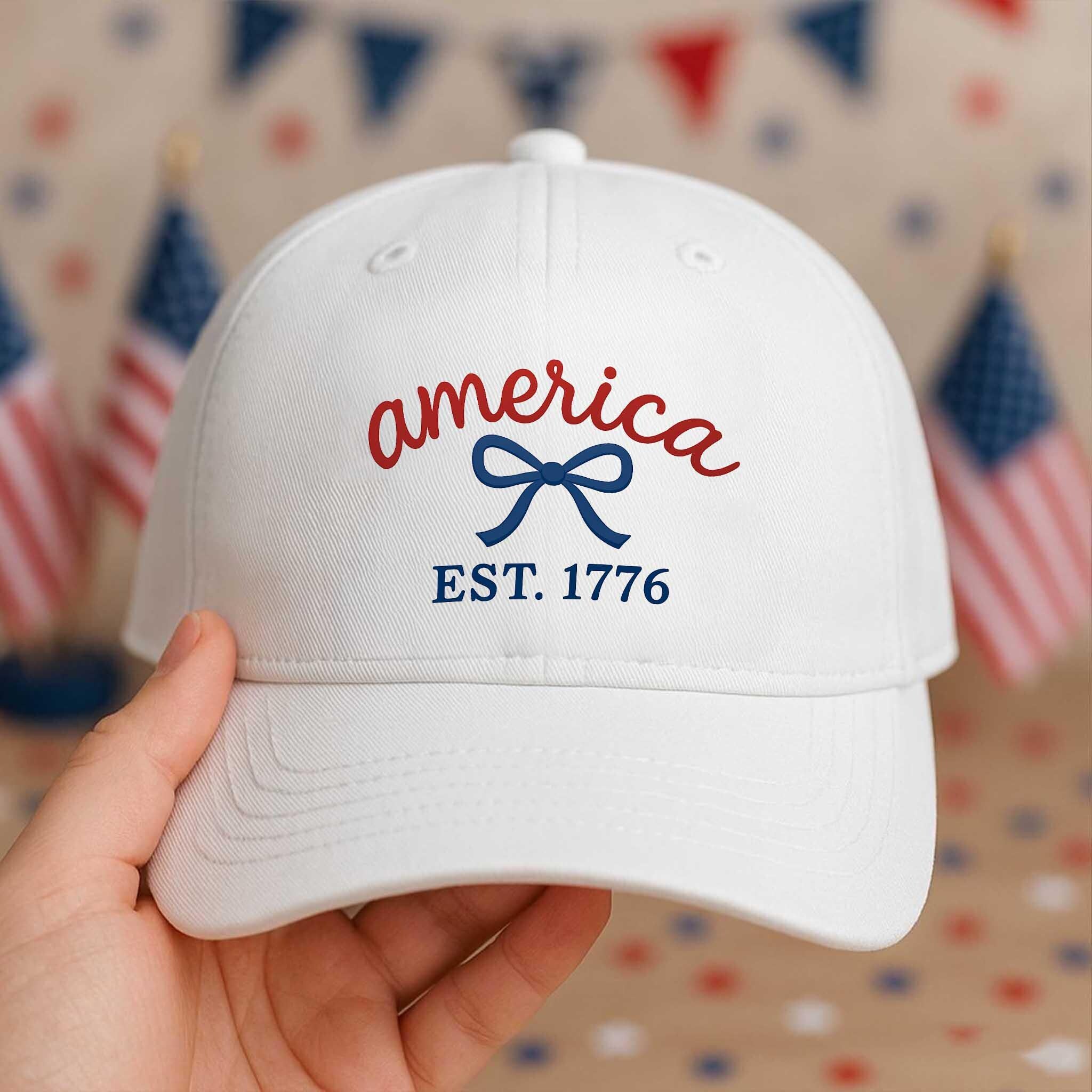 America EST 1776 Hat - Patriotic Bow Cap - 4th of July Cute USA Hat - Women’s Summer Hat - Independence Day Gift