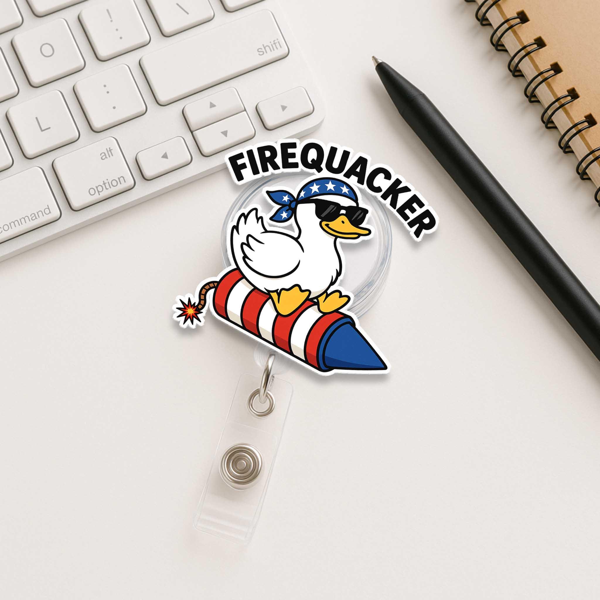Firequacker Duck Badge Reel - Funny 4th of July ID Clip - Patriotic Nurse Badge Holder - USA Rocket Duck Work Accessory