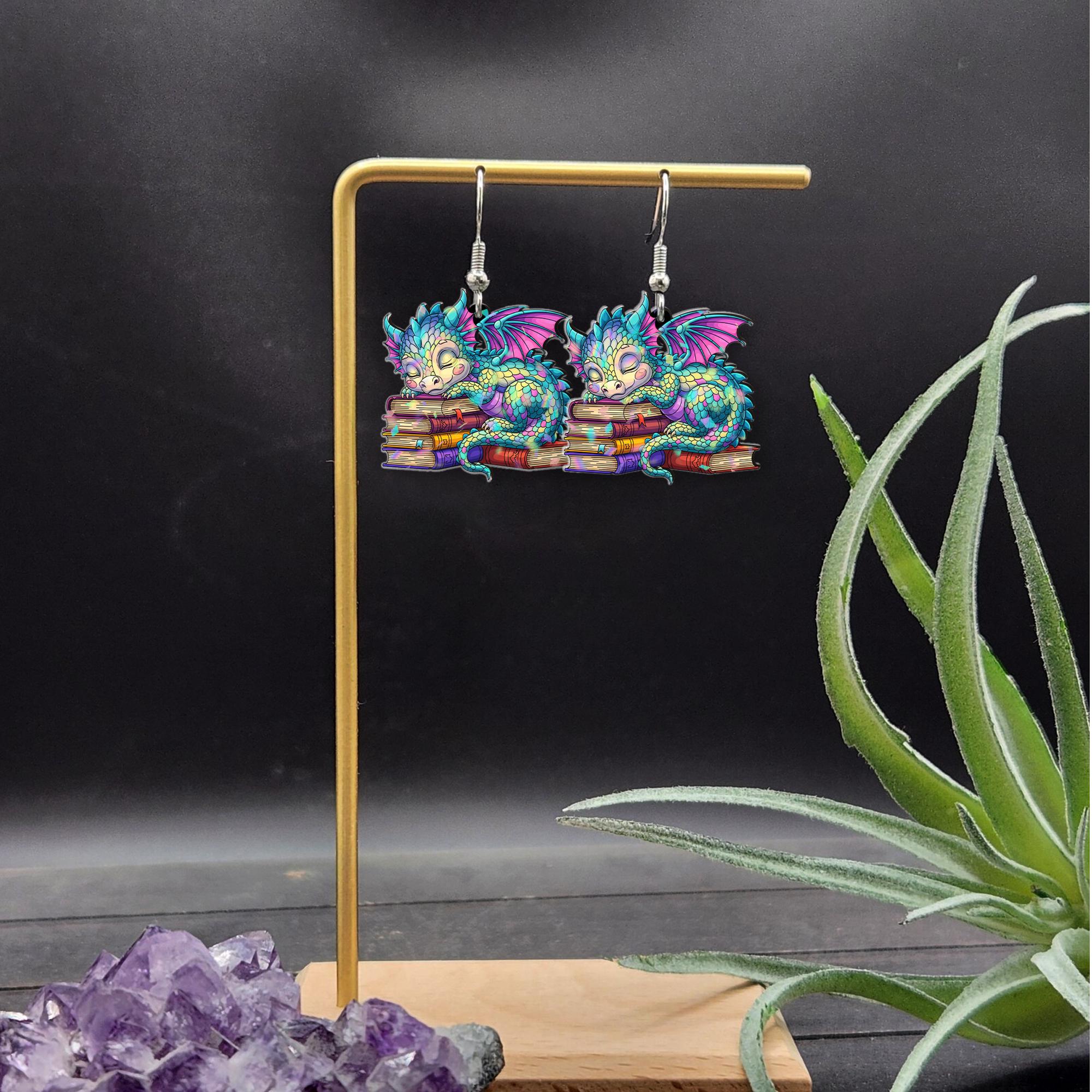 Dragon Book Earrings – Cute Fantasy Dangle Jewelry for Readers – Sleeping Dragon Librarian Gift – Bookish Mythical Creature Accessory