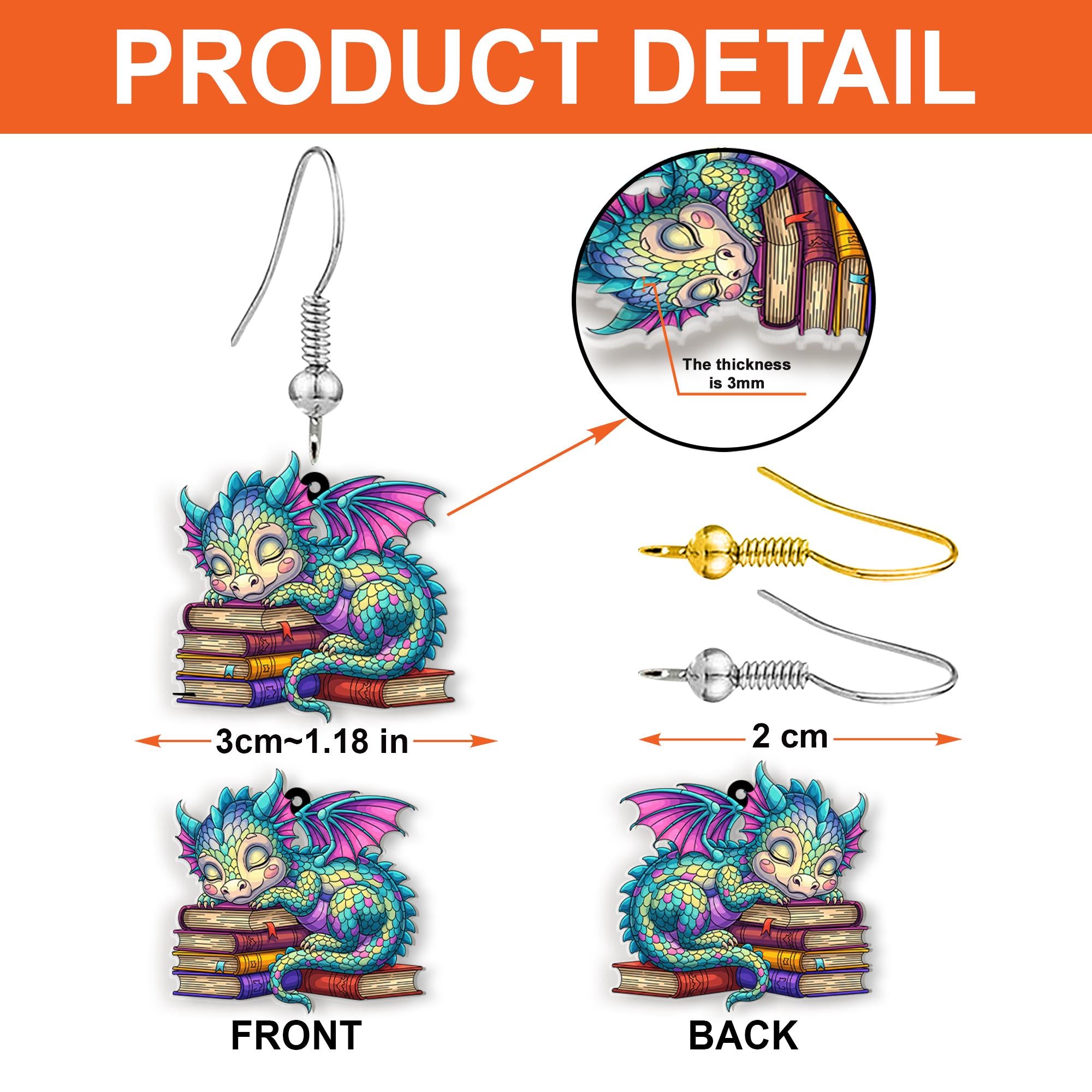 Dragon Book Earrings – Cute Fantasy Dangle Jewelry for Readers – Sleeping Dragon Librarian Gift – Bookish Mythical Creature Accessory