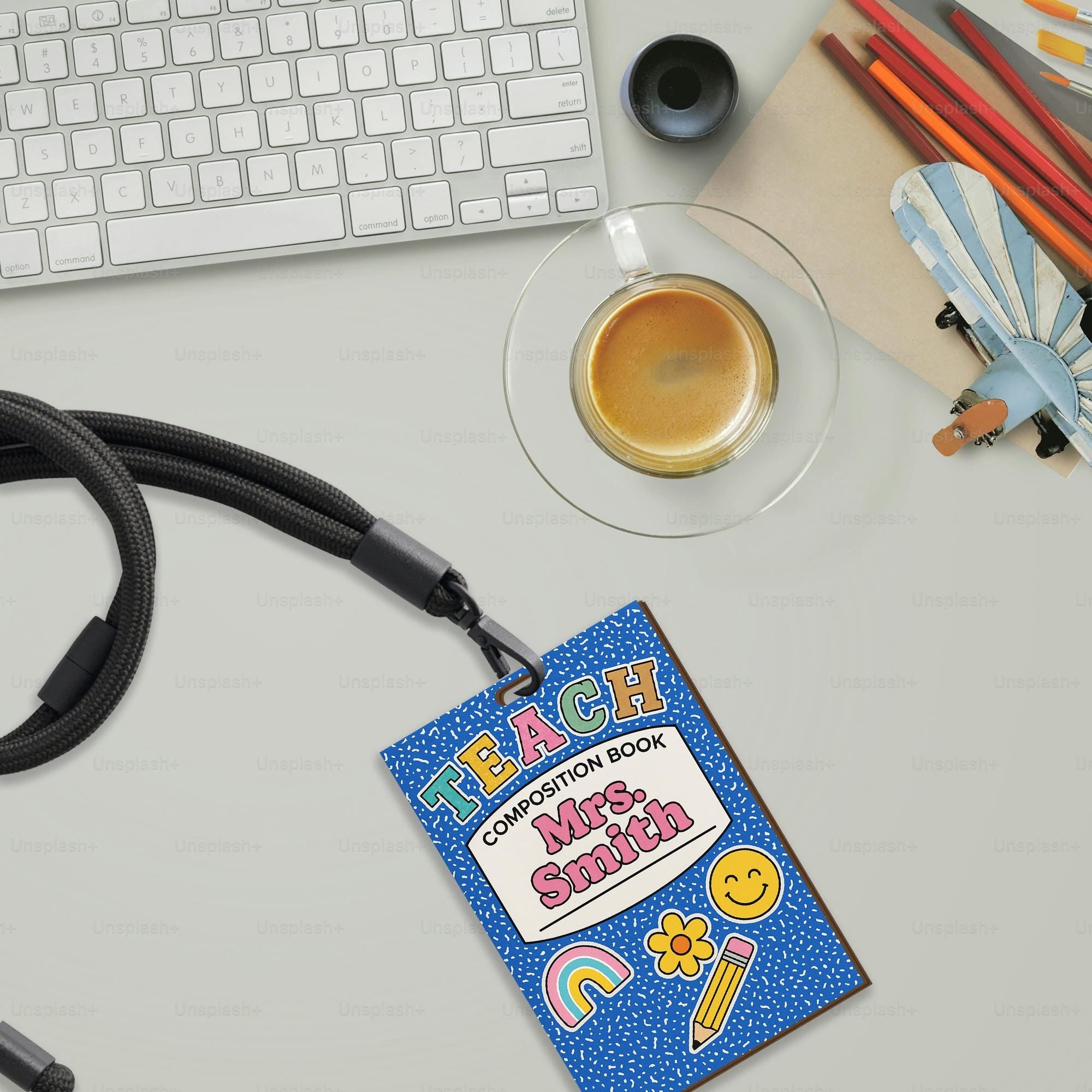 Personalized Teacher ID Badge with Lanyard – Blue Composition Notebook Style with Name, Cute Back to School Gift for Educators, Teachers