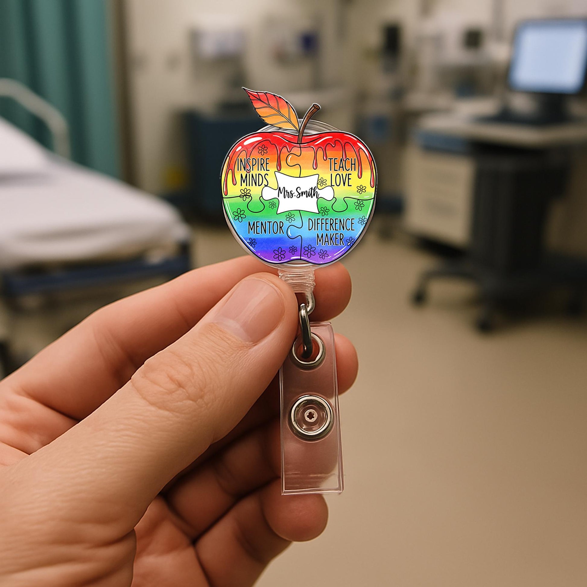 Custom Name Teacher Apple Badge Reel – Rainbow Puzzle Piece ID Clip – Inspiring Educator Gift – Personalized Classroom Accessory