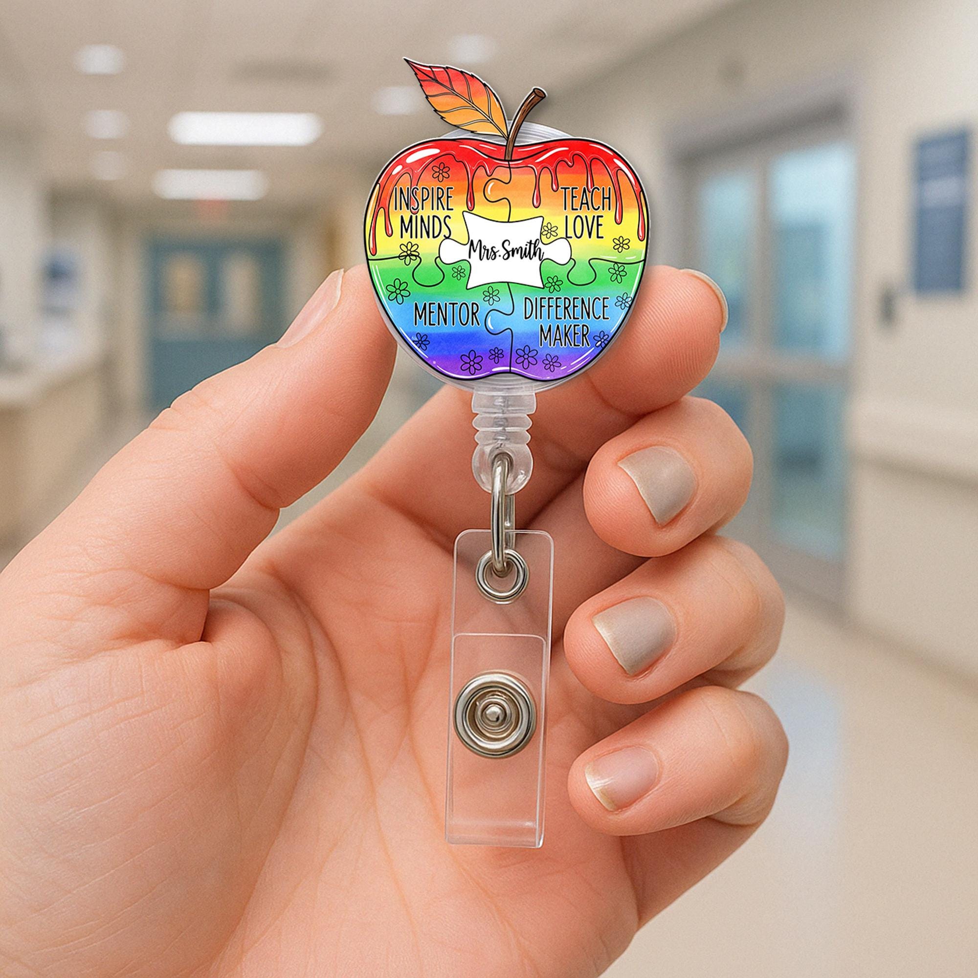 Custom Name Teacher Apple Badge Reel – Rainbow Puzzle Piece ID Clip – Inspiring Educator Gift – Personalized Classroom Accessory