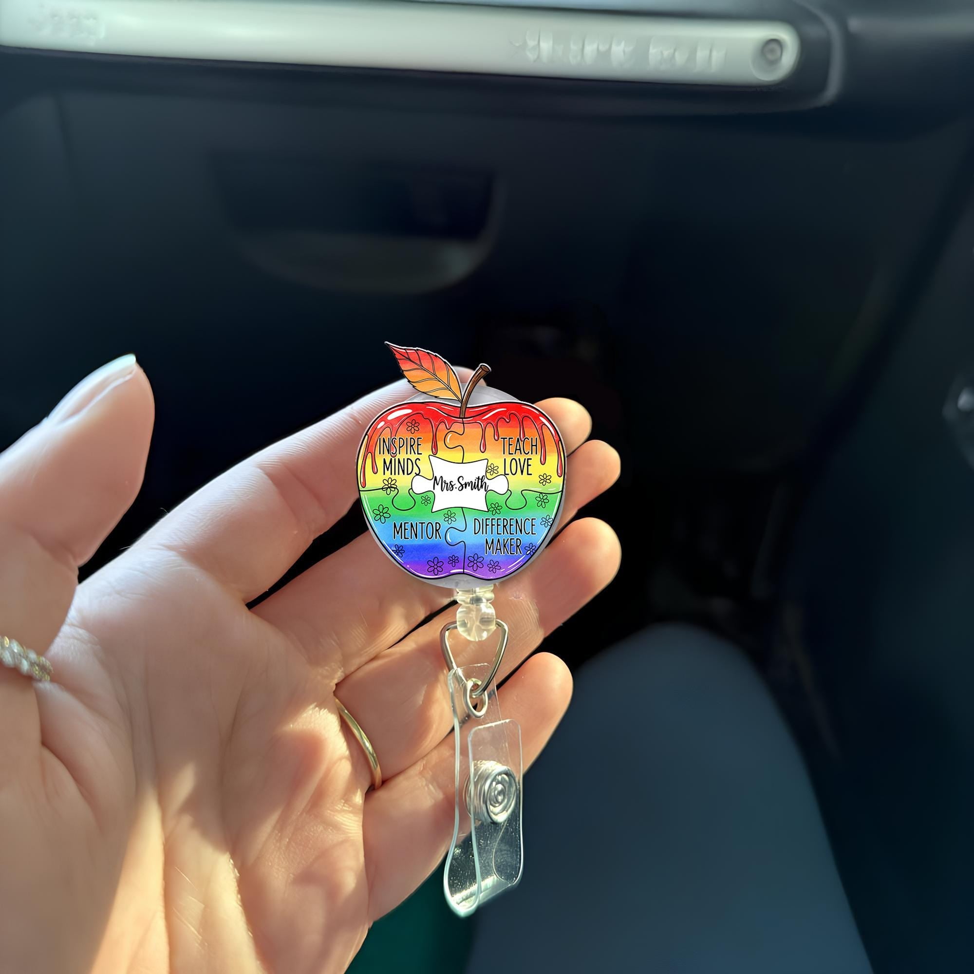 Custom Name Teacher Apple Badge Reel – Rainbow Puzzle Piece ID Clip – Inspiring Educator Gift – Personalized Classroom Accessory